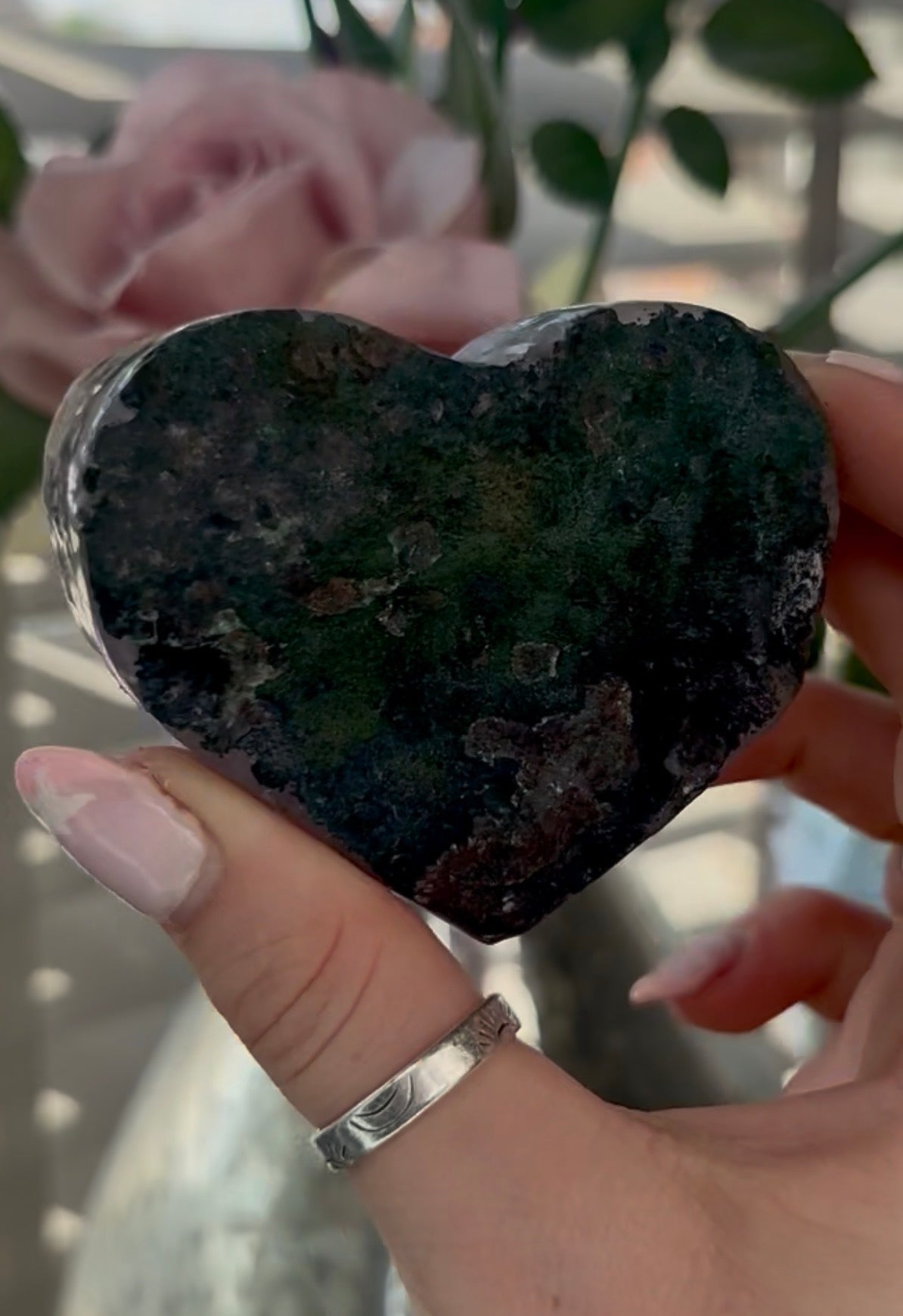 Uruguay, rainbow amethyst heart - comes with stand in lilac tones