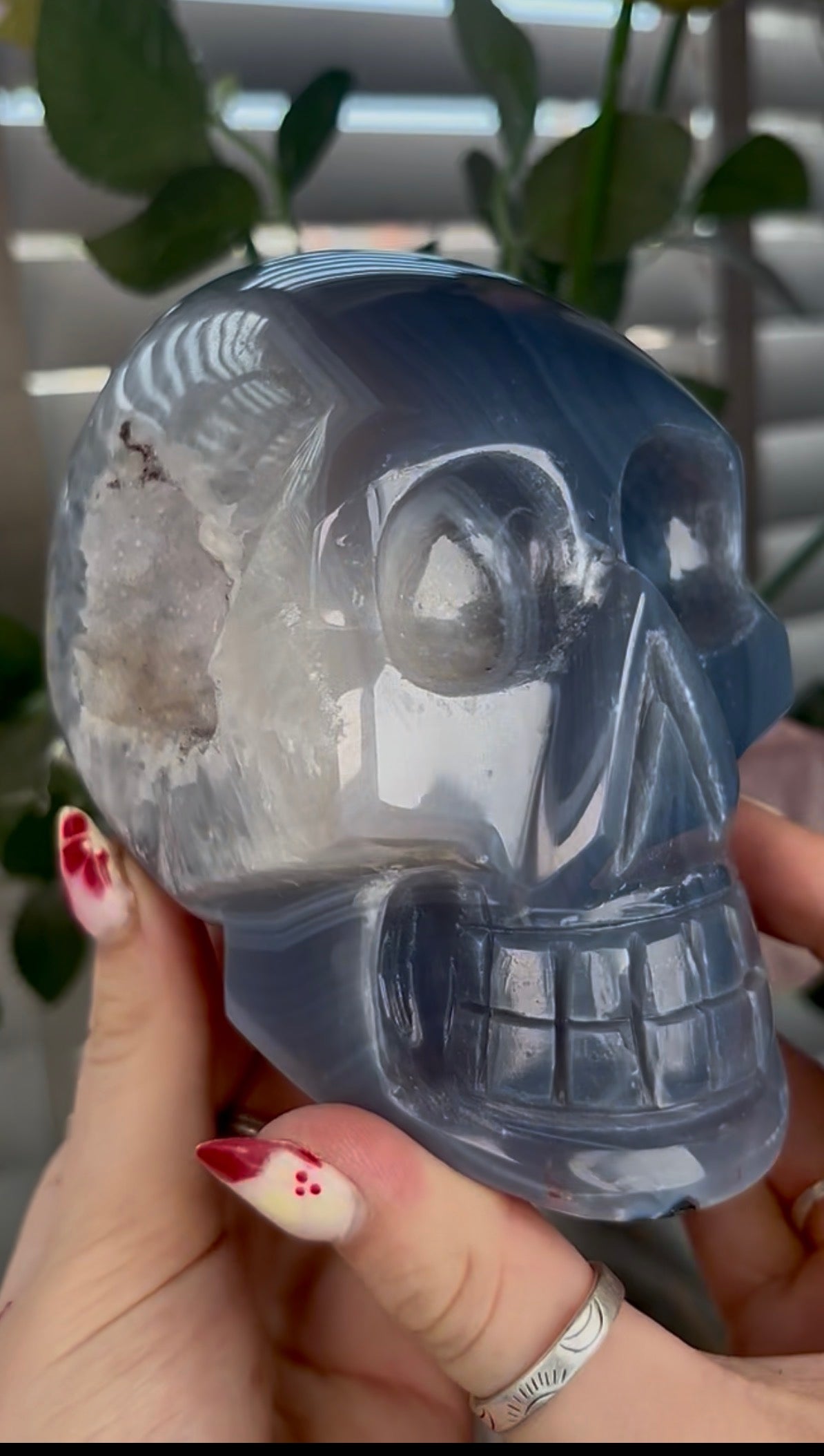 Beautiful, blue banded, amethyst agate, skull with incredible druzy