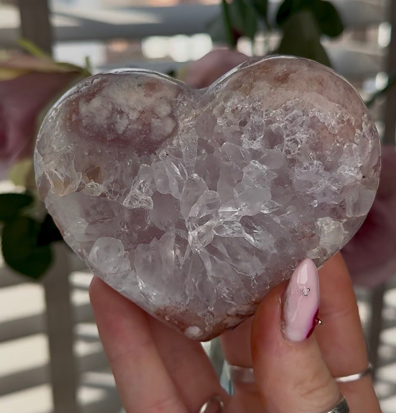 Hq pink amethyst heart with quartz - comes with stand