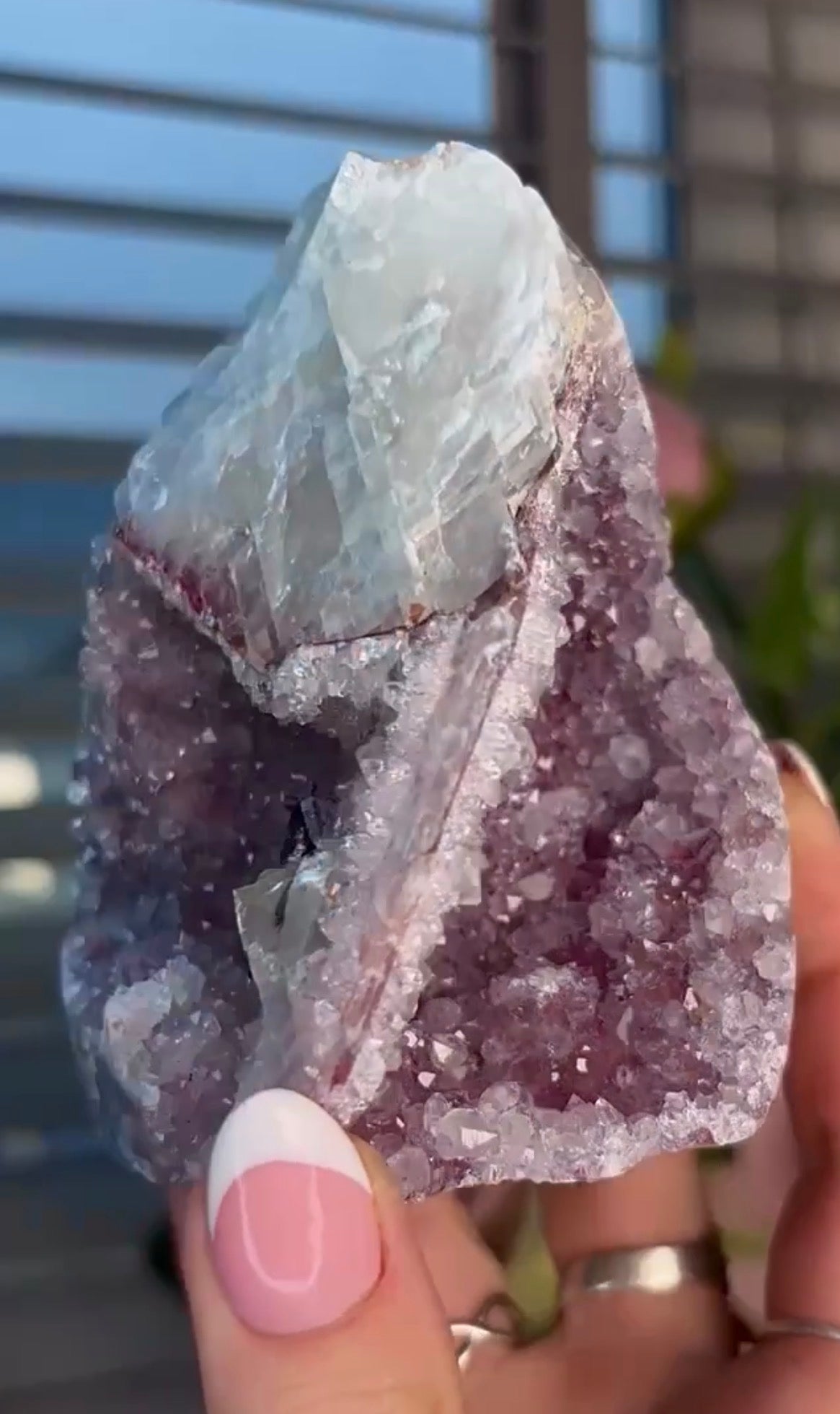 High quality, lavender, pink toned, double cave rainbow amethyst, cutbase with calcite