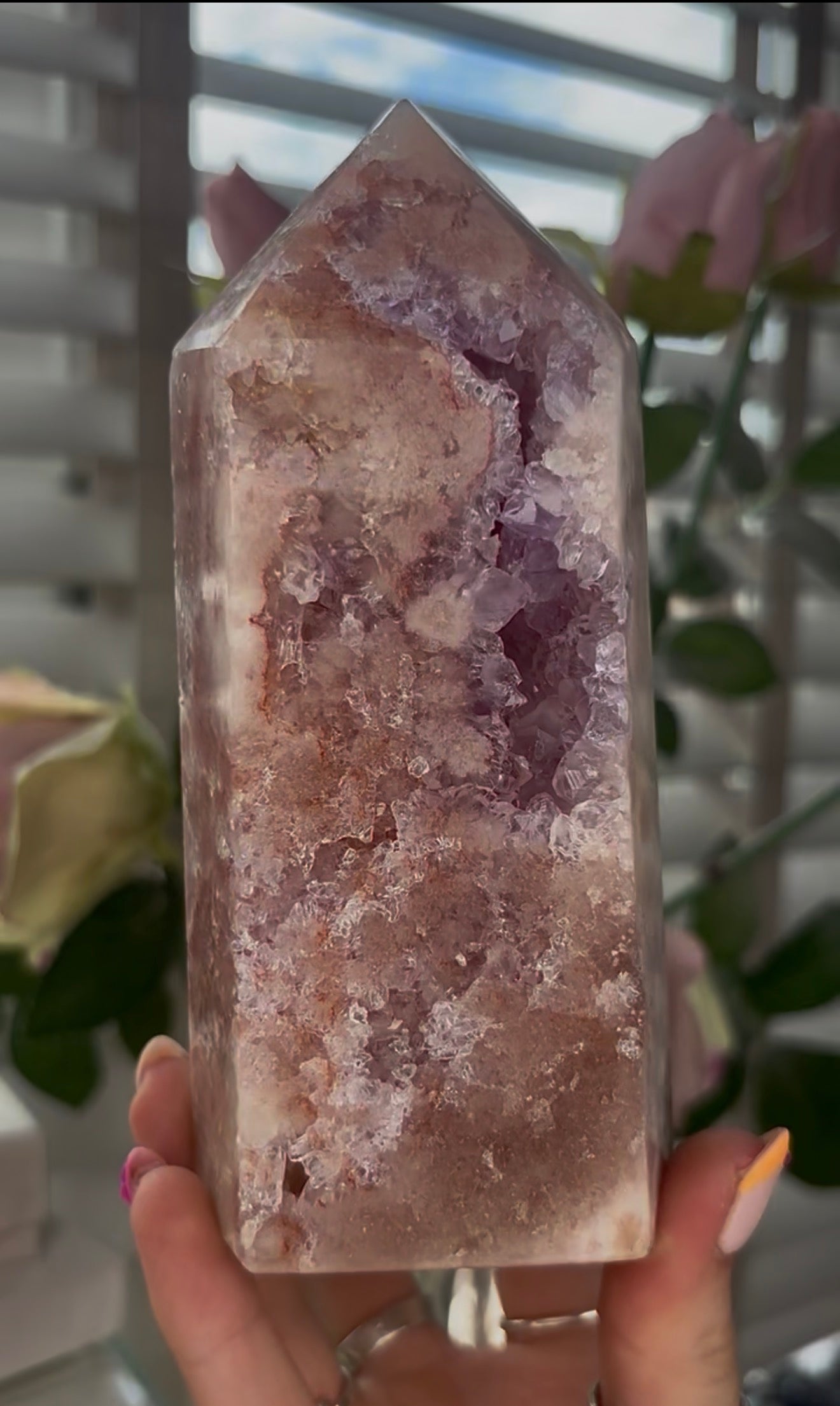 Beautiful Large, Pink amethyst tower with quartz druzy