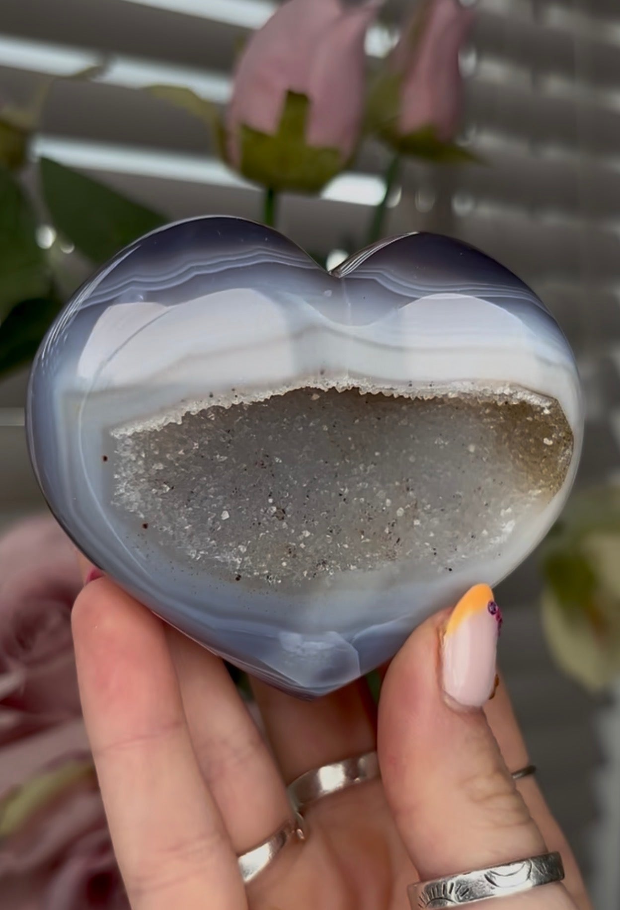 Beautiful, high grade, blue agate heart with druzy - comes with stand