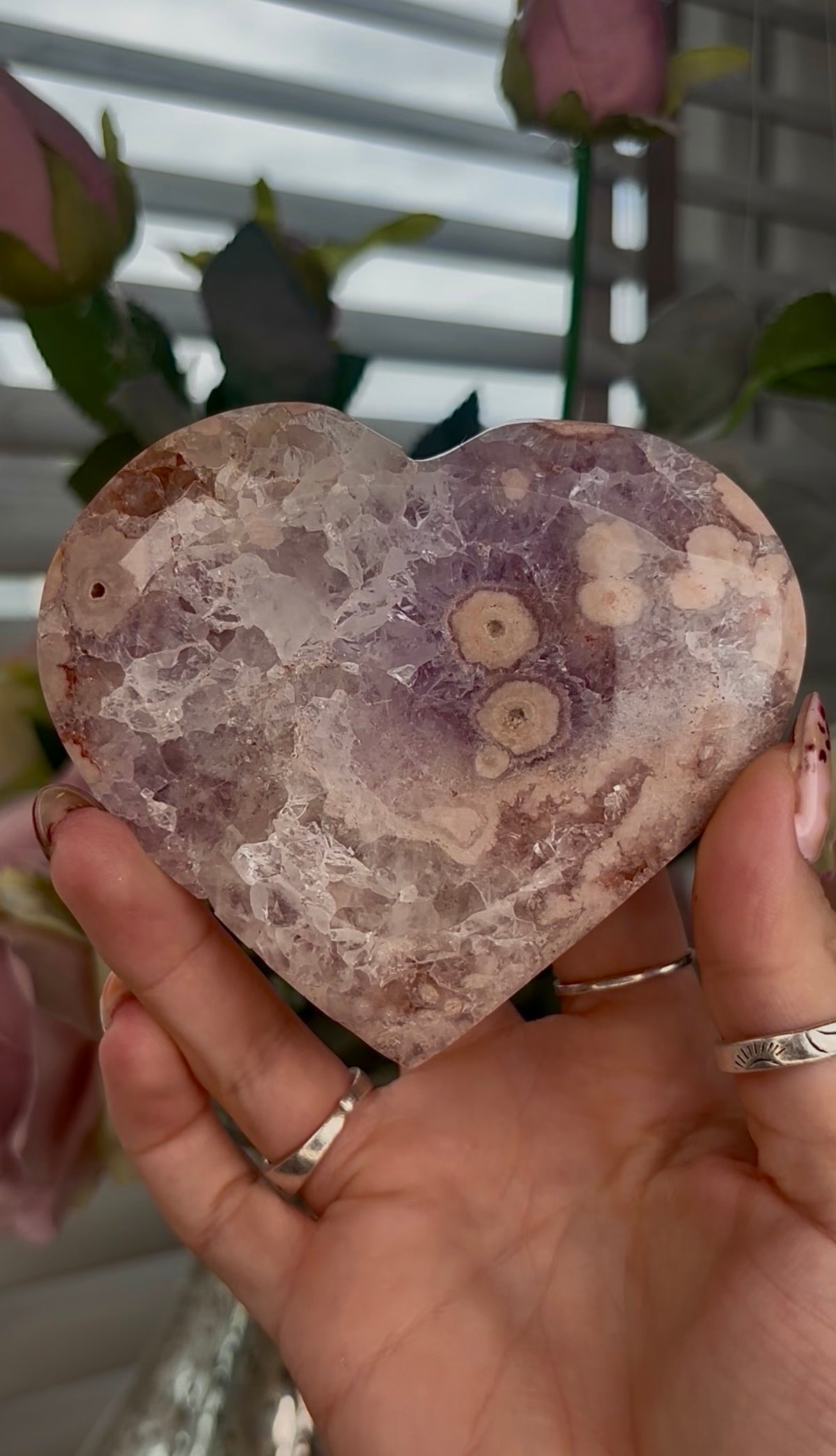 High grade, Amethyst Flower agate heart with stand