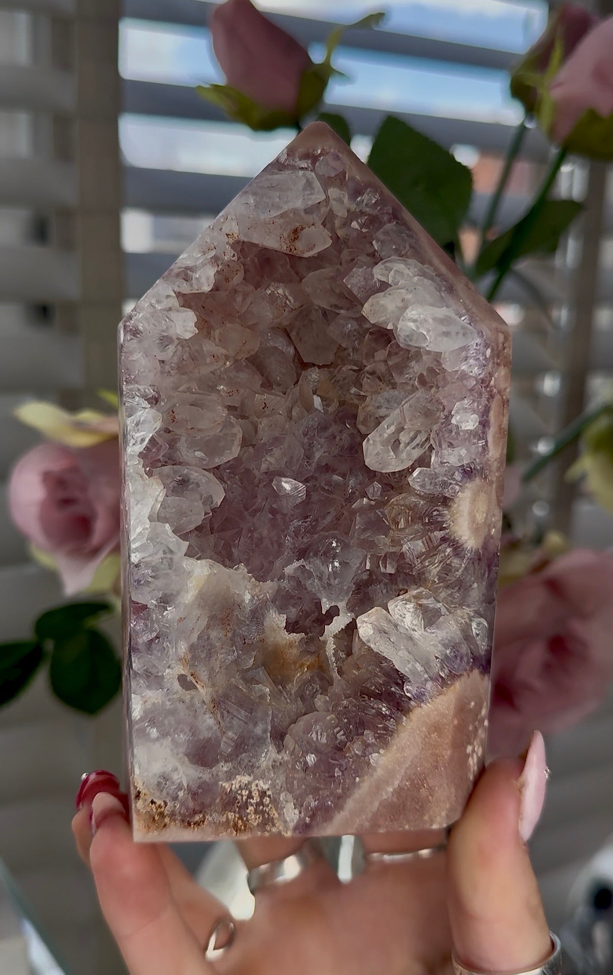Pink amethyst tower with quartz 14cm(h) 7cm(w)