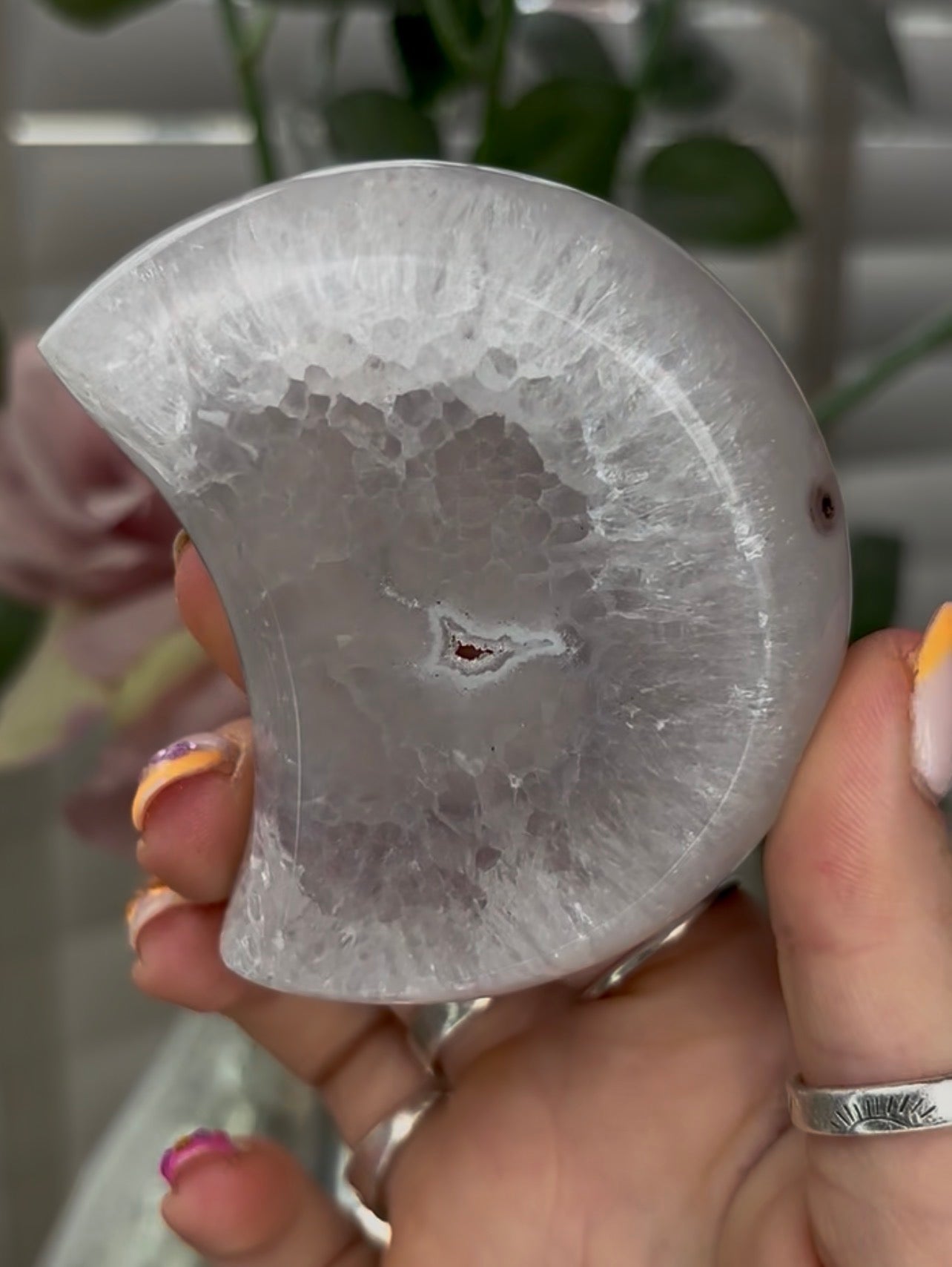 Beautiful, high grade, agate moon with druzy - comes with stand