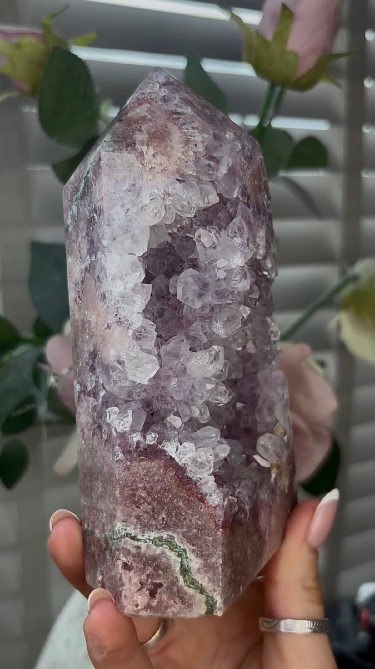 Beautiful, high quality, Pink amethyst tower with lilac quartz druzy teeth  14.7cm(h) by 8cm(w)