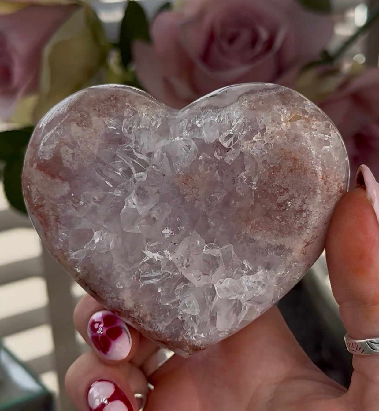 Hq pink amethyst heart with quartz - comes with stand