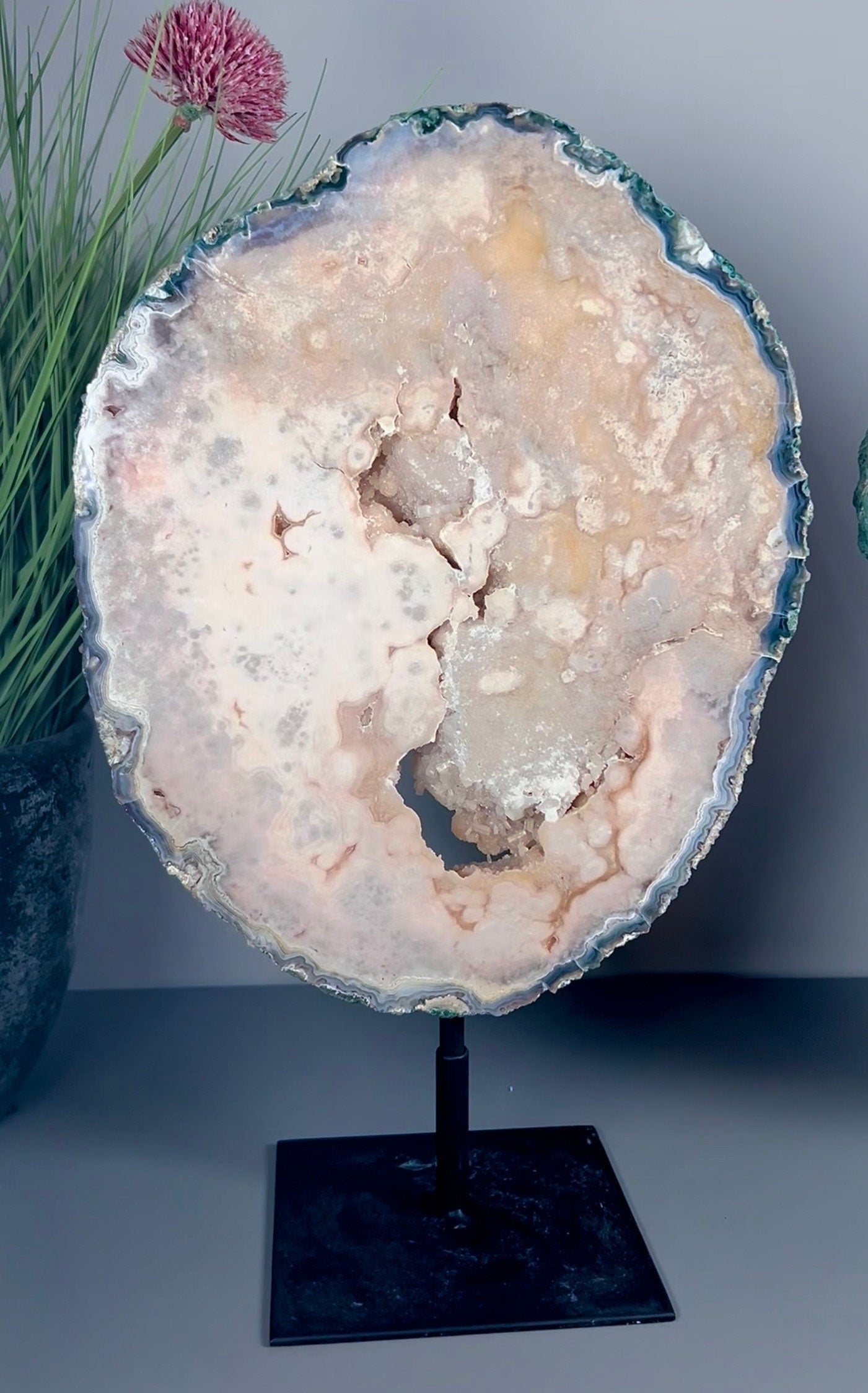 High grade, round pink amethyst slab with green jasper edging & rare cubic calcite inclusions