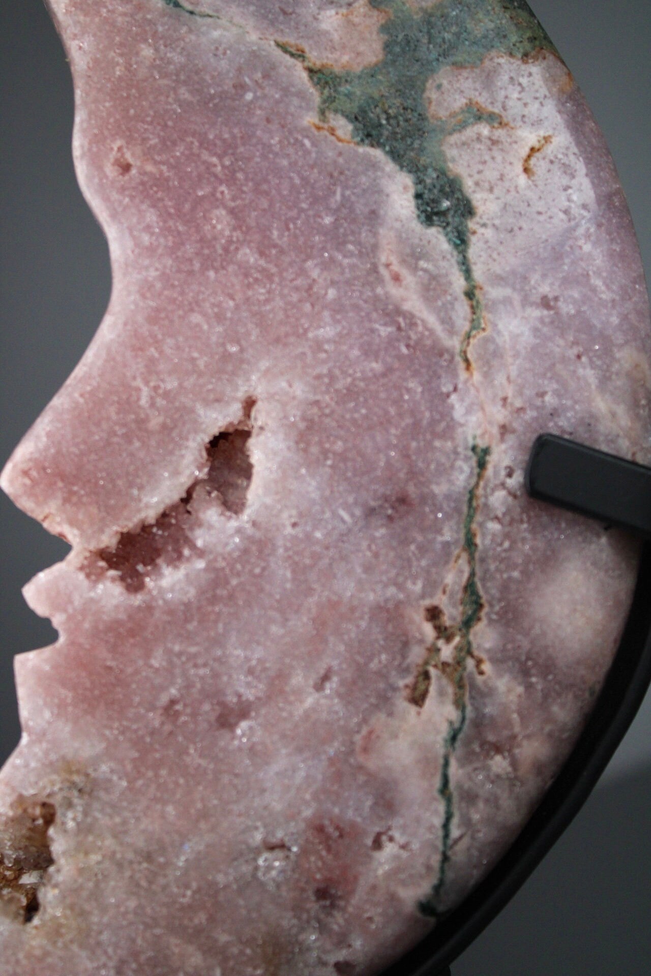 High quality, Pink amethyst, crescent moon with face, on stand from brazil with green jasper vein