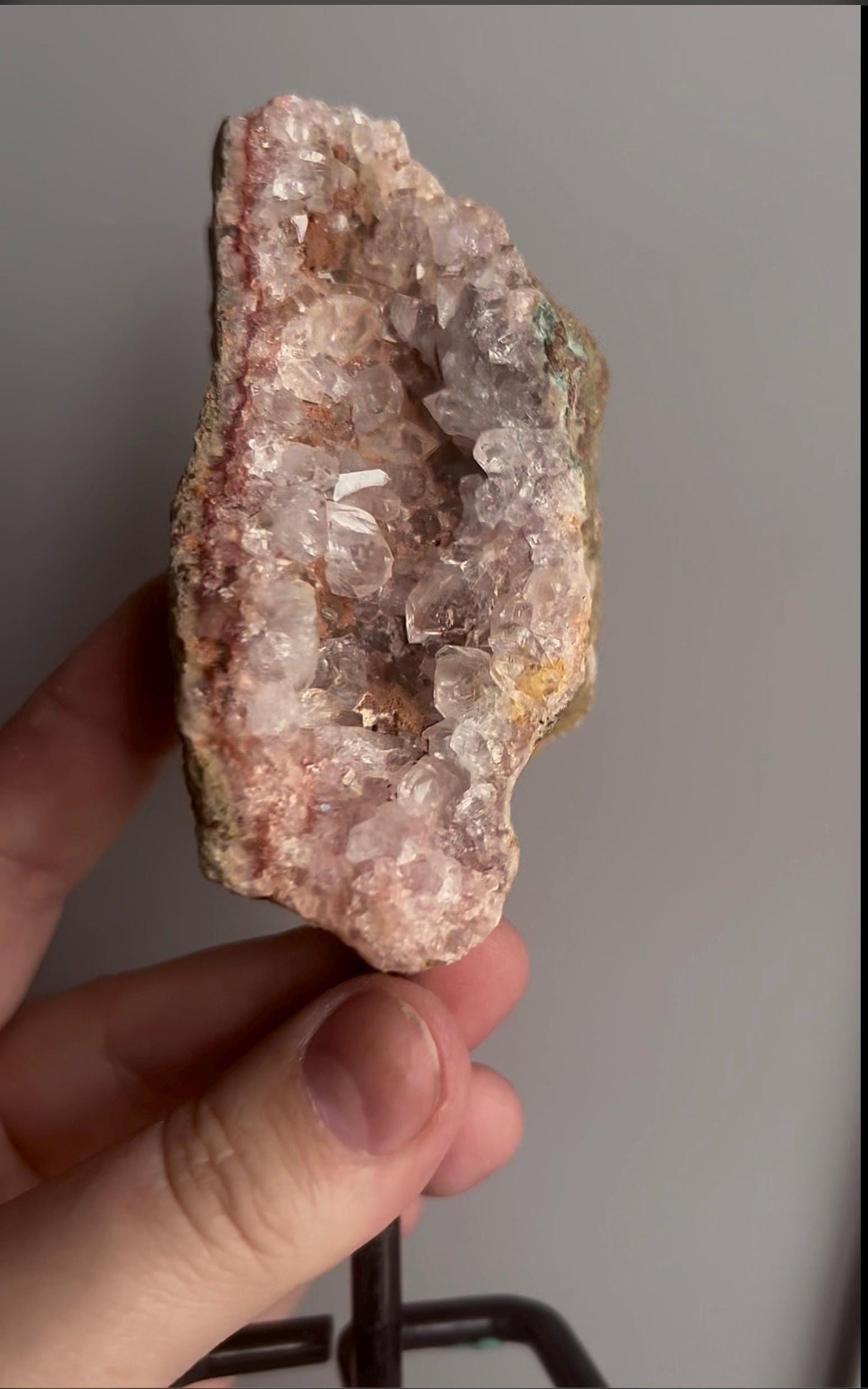 High grade, pink amethyst geode on stand quartz teeth
