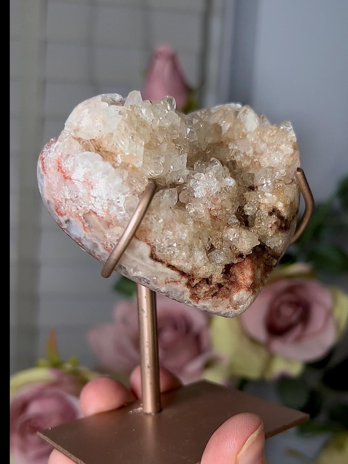 Pink amethyst heart with a high clarity quartz with stand