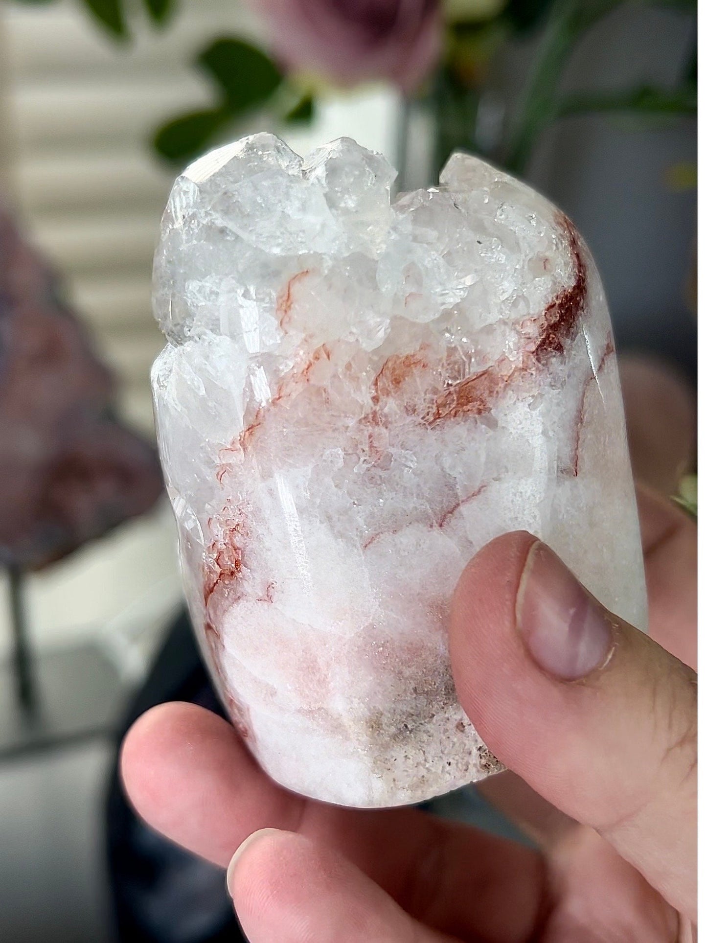 pink amethyst freeform, with hematite banding, and chunky quartz teeth