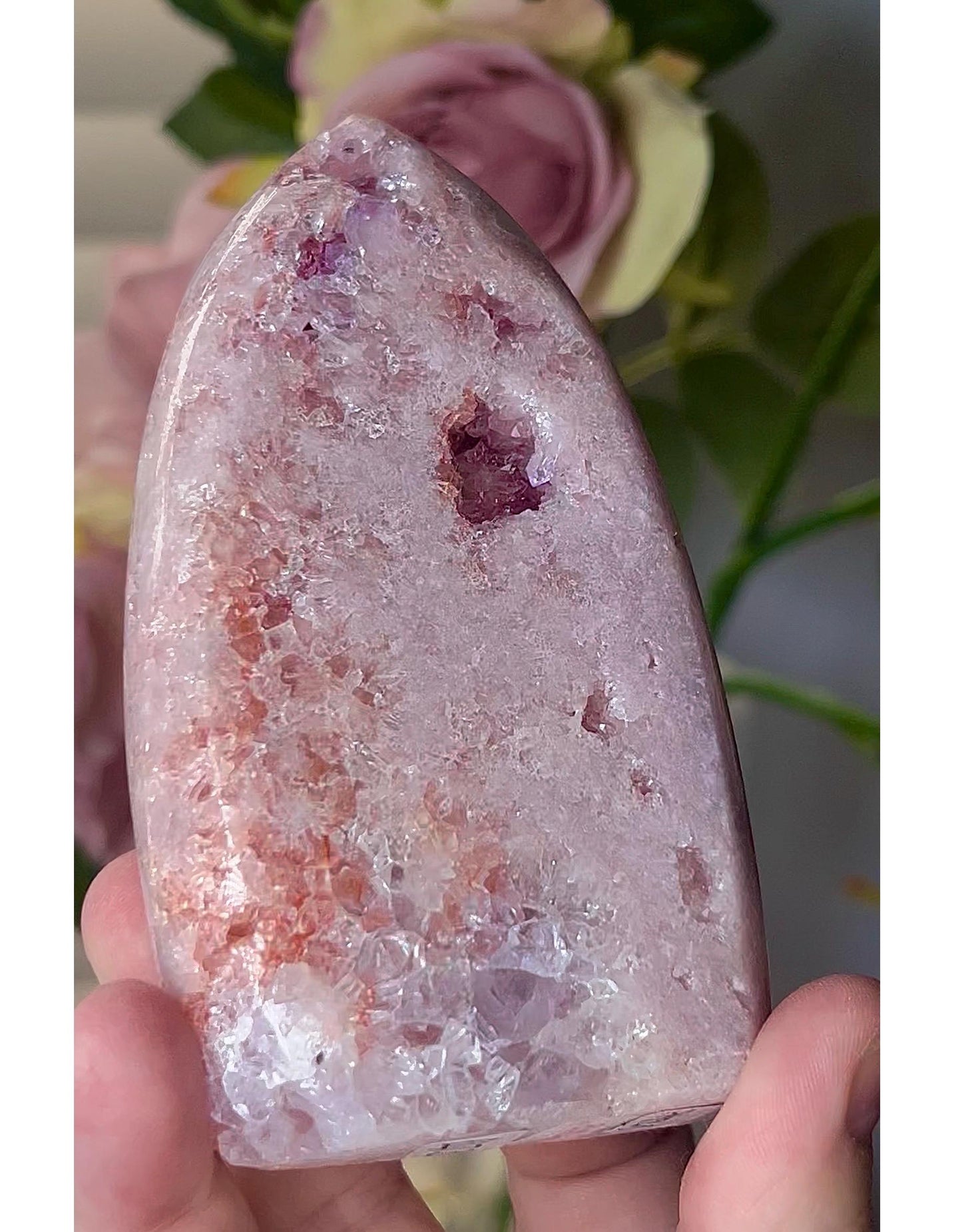 High grade, baby pink amethyst flame with red and purple druzy 315g