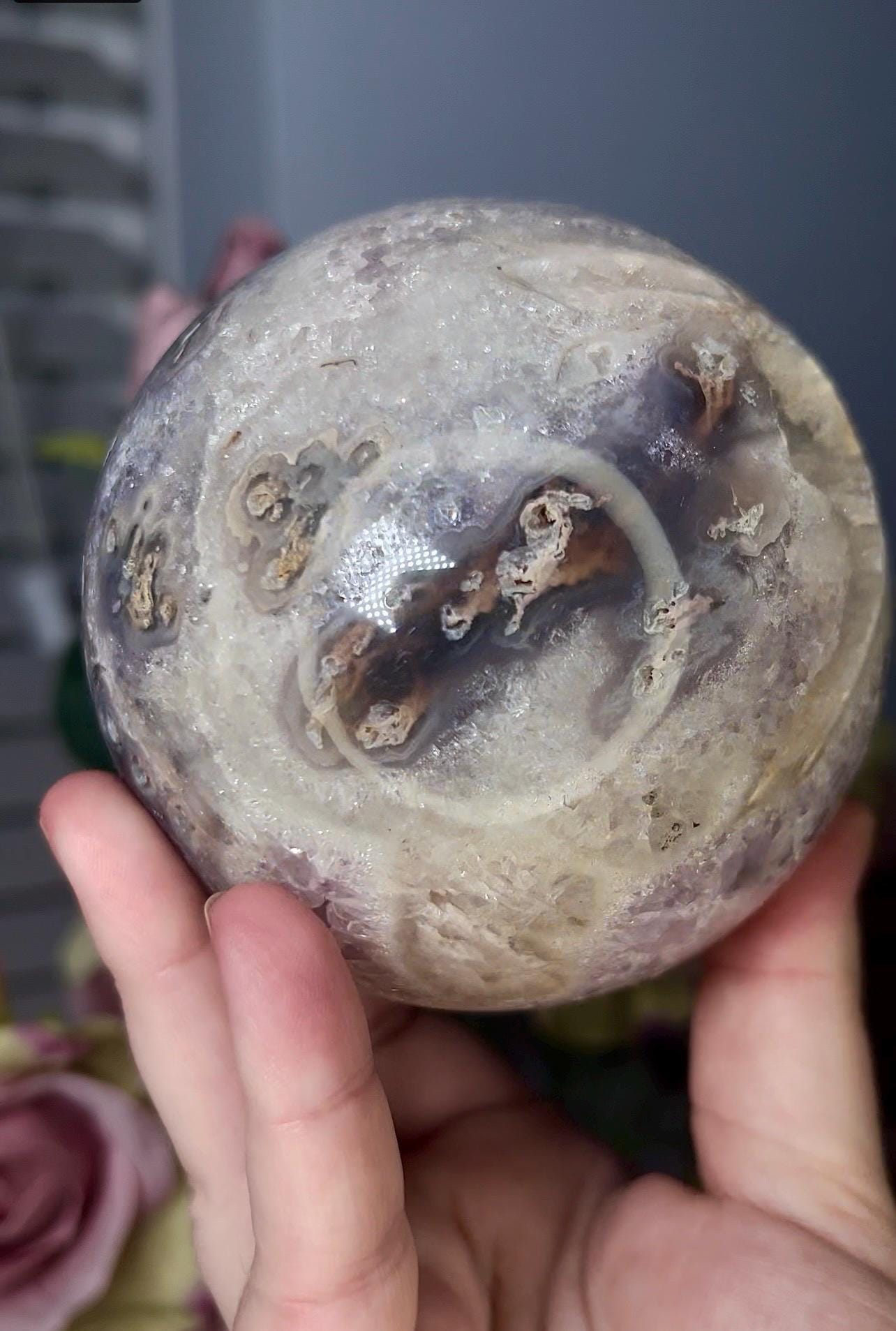 large, statement pink amethyst sphere with rutile formations and agate byover 1.220kg