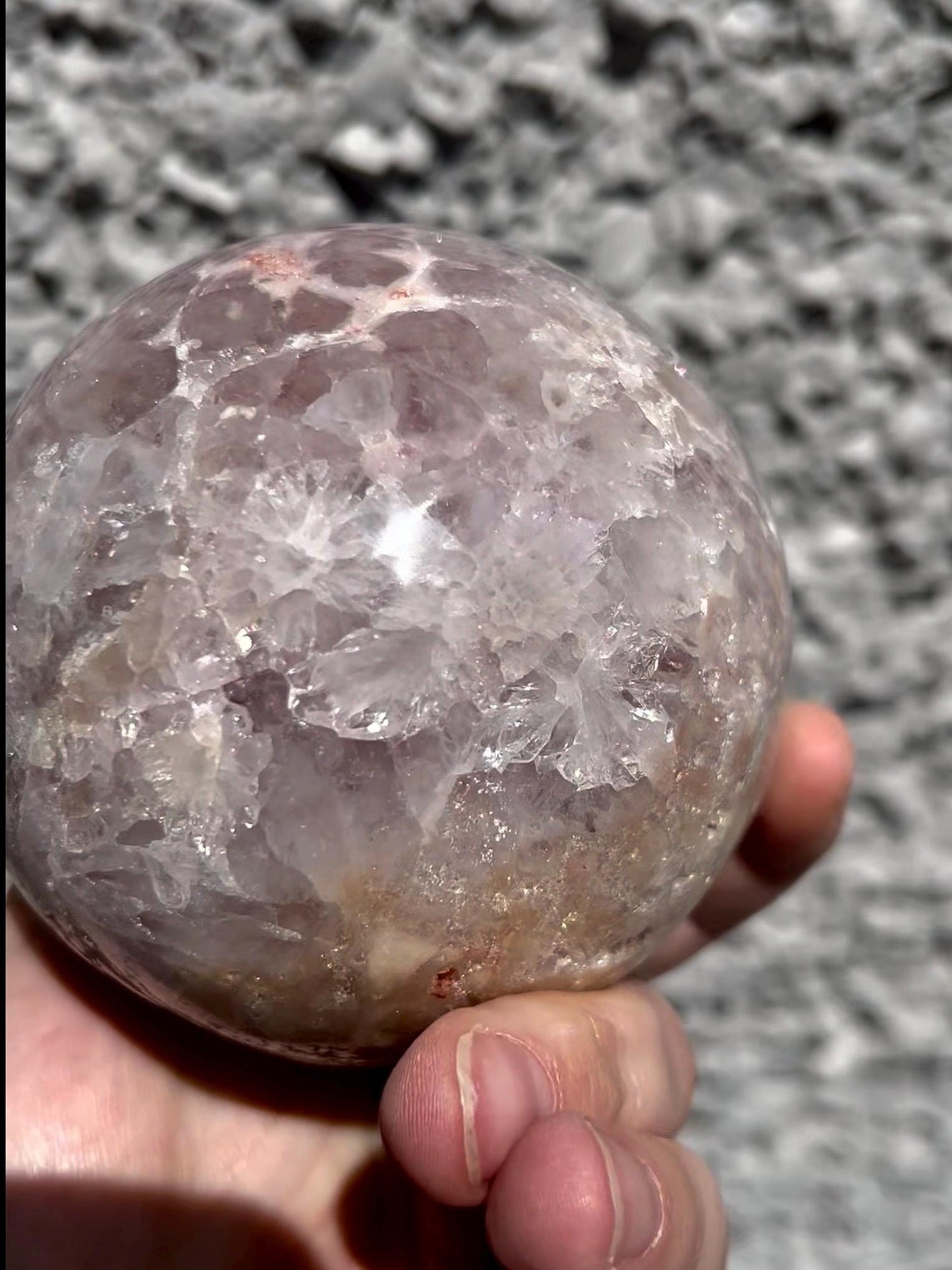 large, statement pink amethyst sphere with purple quartz ,jasper & sugar druzy with amazing quartz points