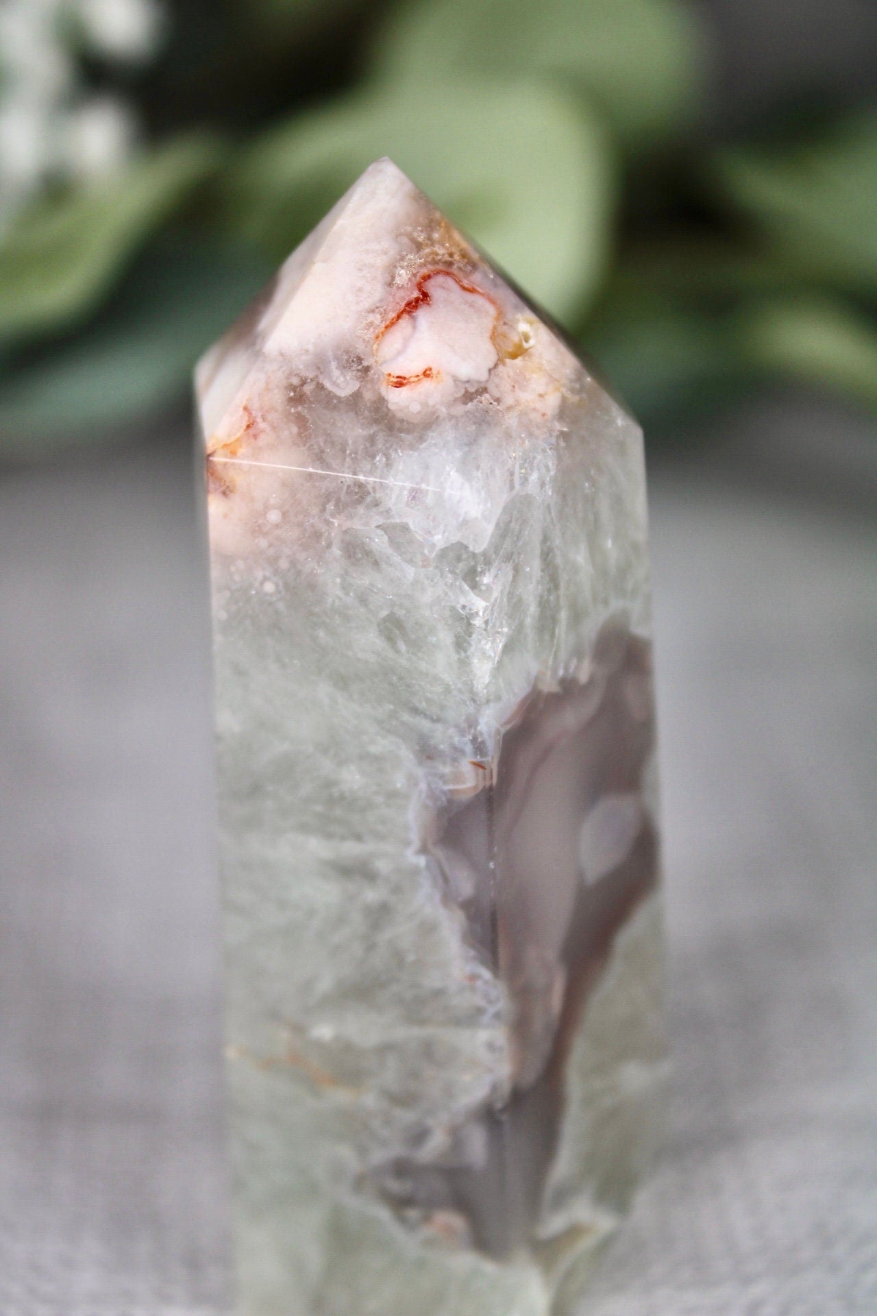 Chlorite flower agate, 6 sided, polished tower 145g 8cm