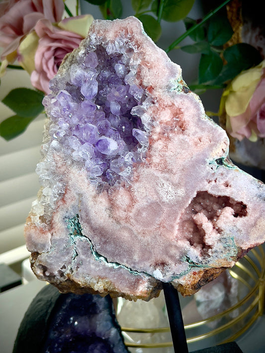 Extra high grade, pink amethyst slab on stand with purple quartz