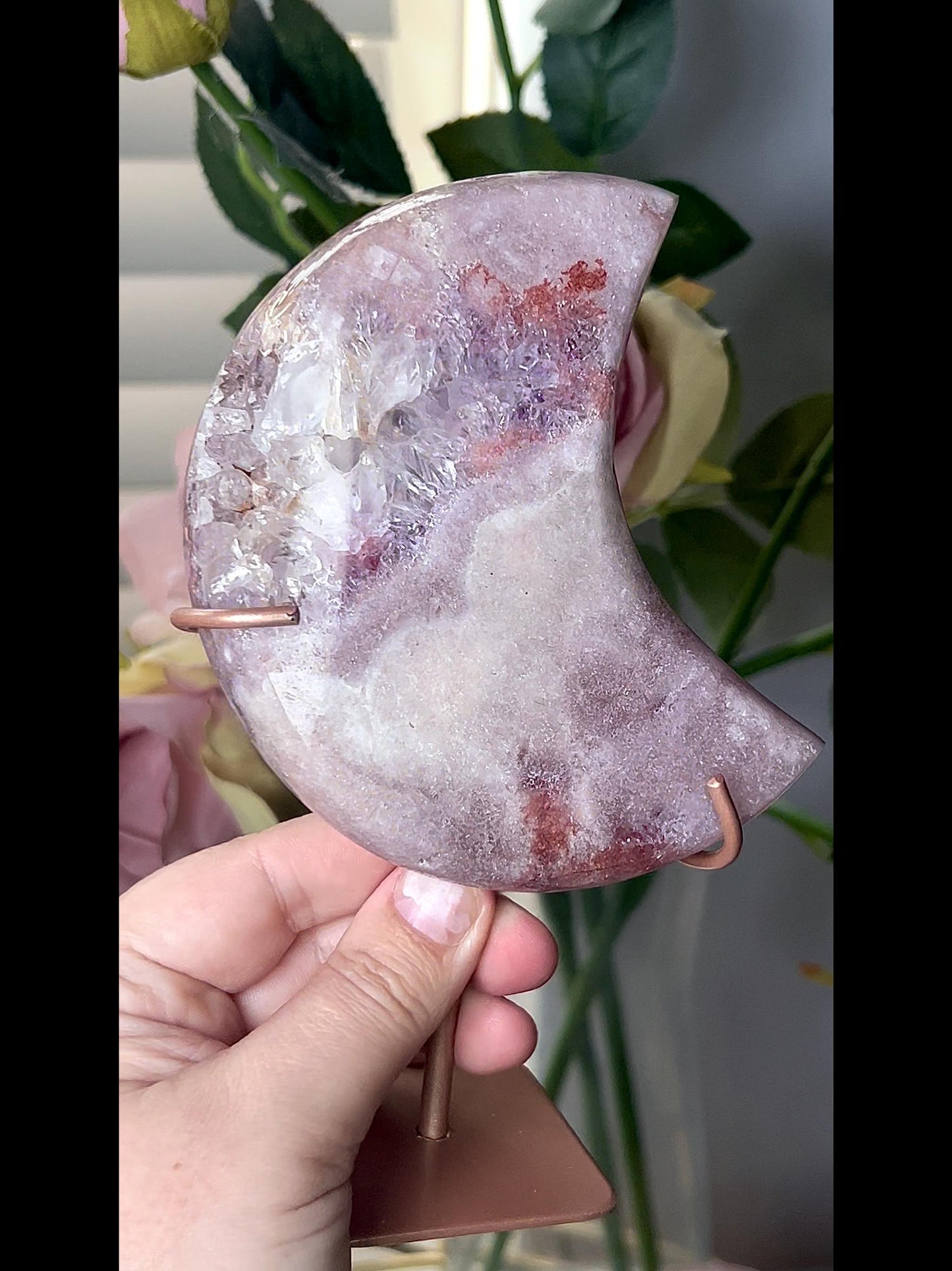 High grade, pink amethyst moon with purple quartz druze 400g