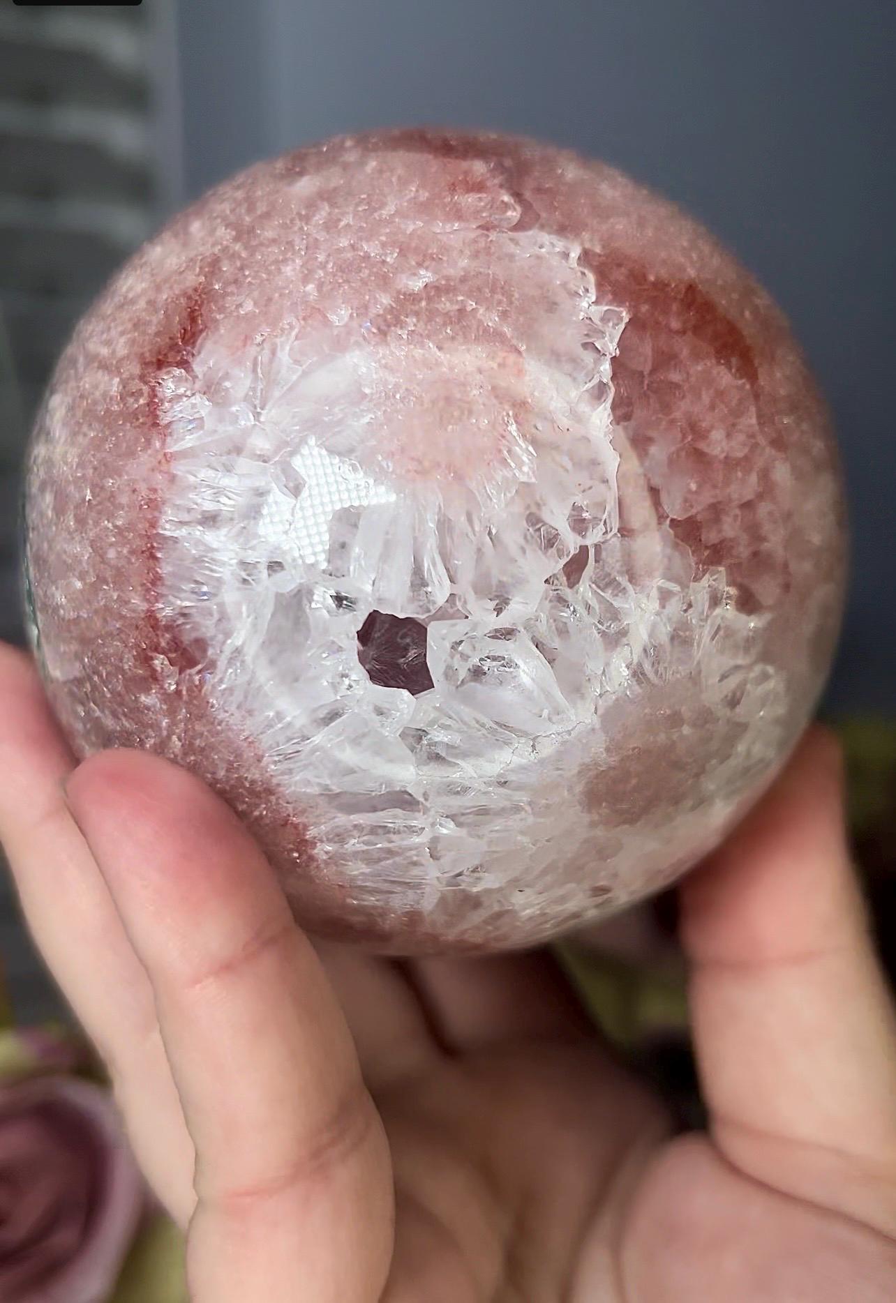 High grade, pink amethyst sphere with quartz and flower formations 928g
