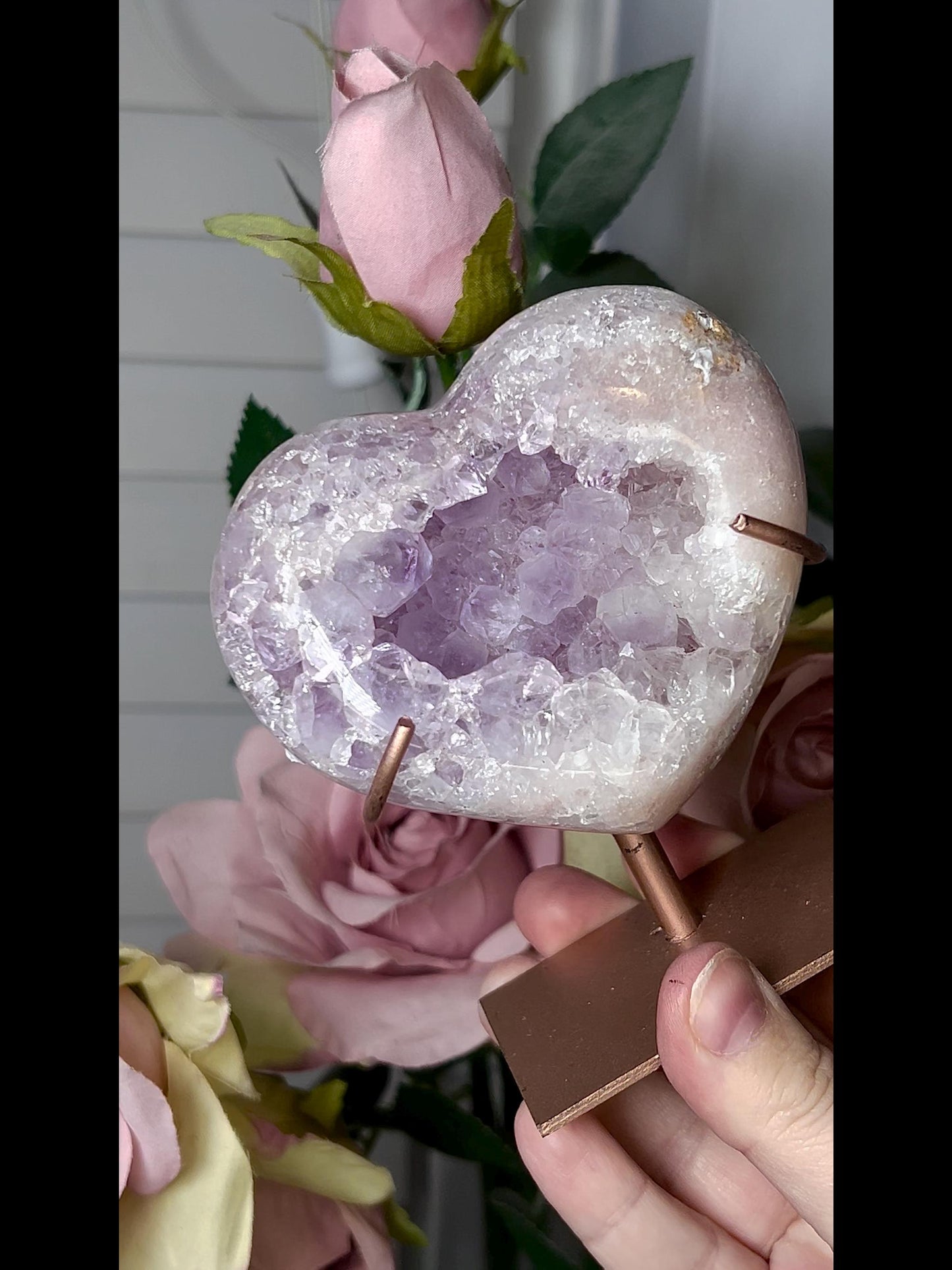 High grade, stunning, pink amethyst heart with purple quartz on stand 384g