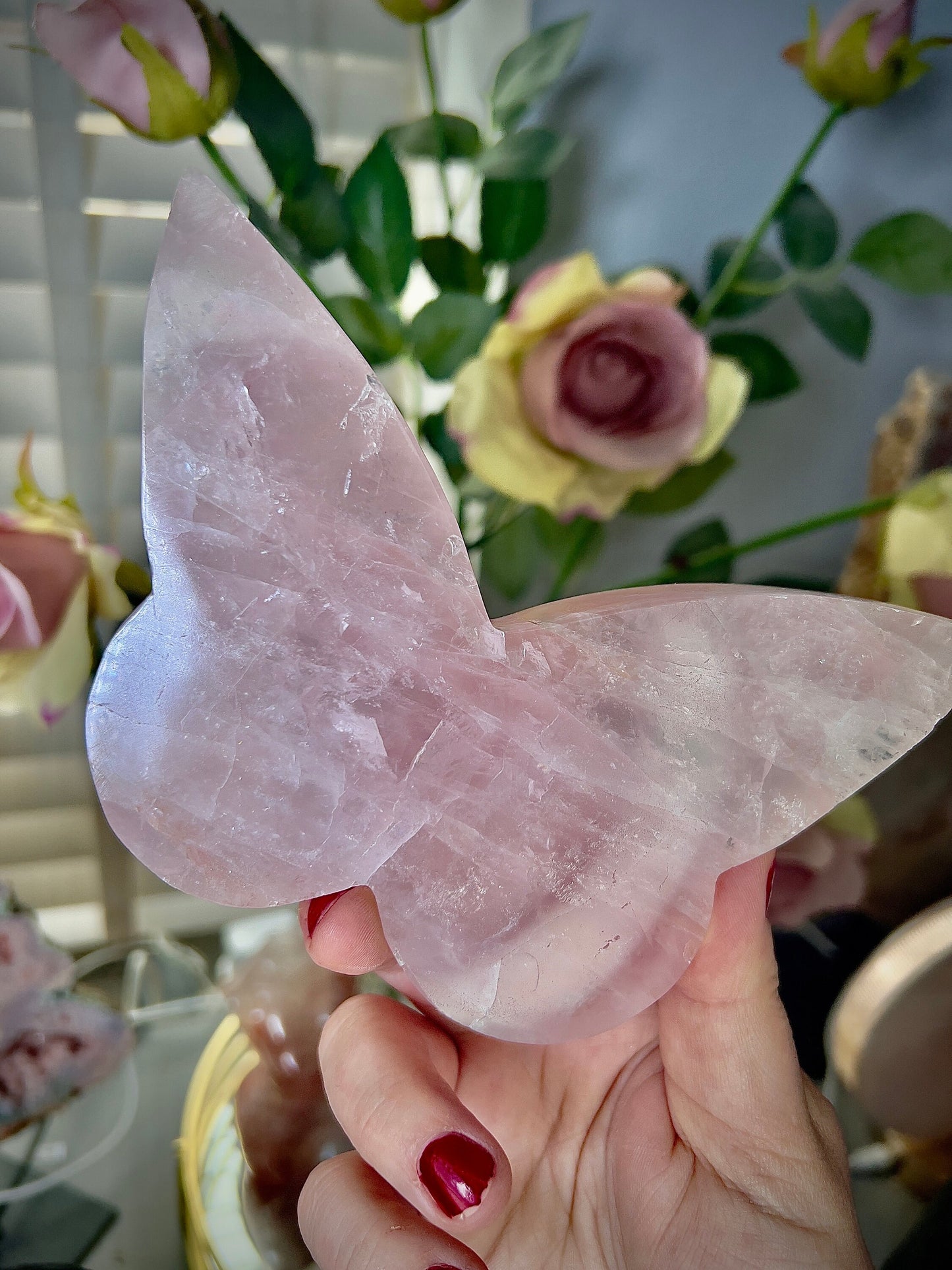 High grade, rose quartz butterfly with gold pedestal stand