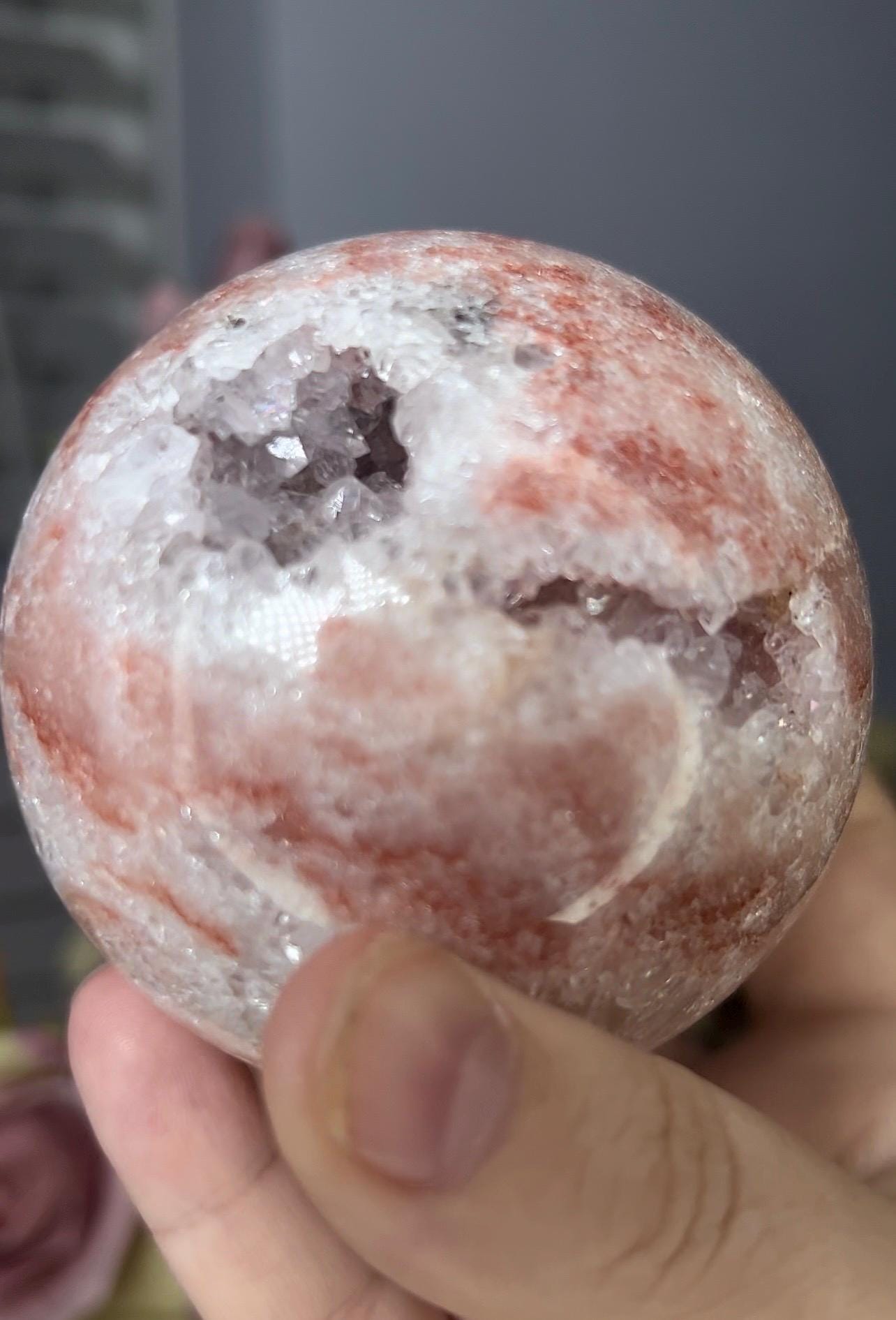 High grade, pink amethyst sphere with quartz 555g
