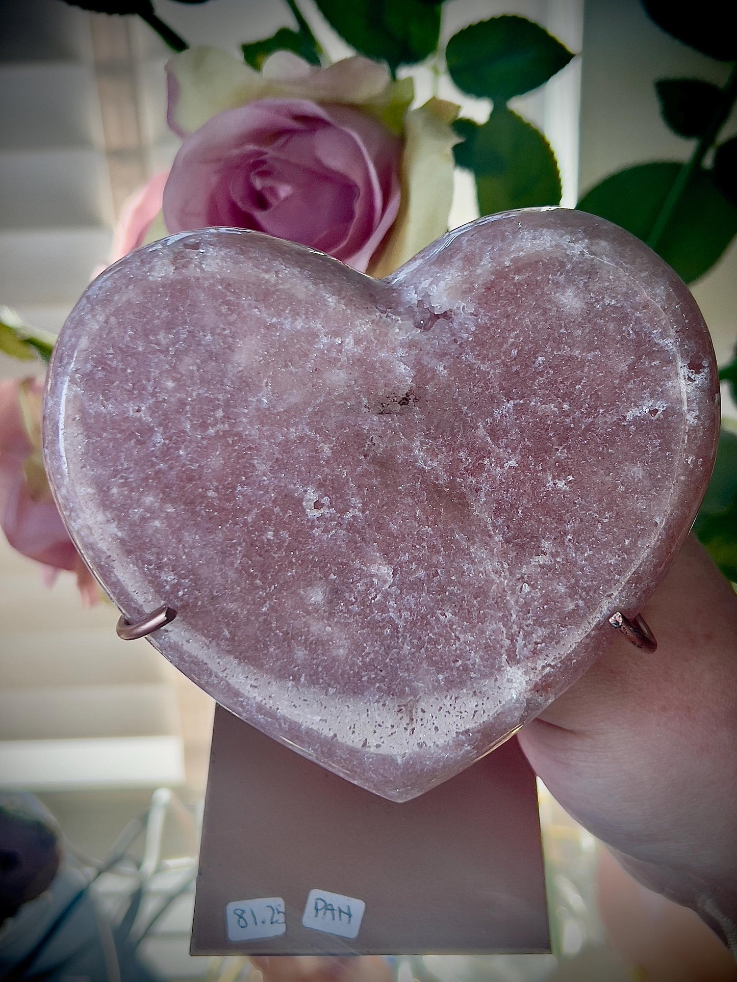 Deep Pink amethyst heart on custom stand - which has scratches (discount added) can easily be repainted