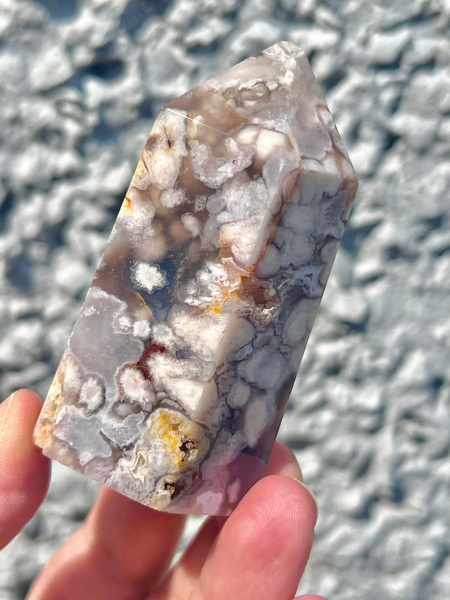 Black & pink flower agate tower - half price due to damaged tip