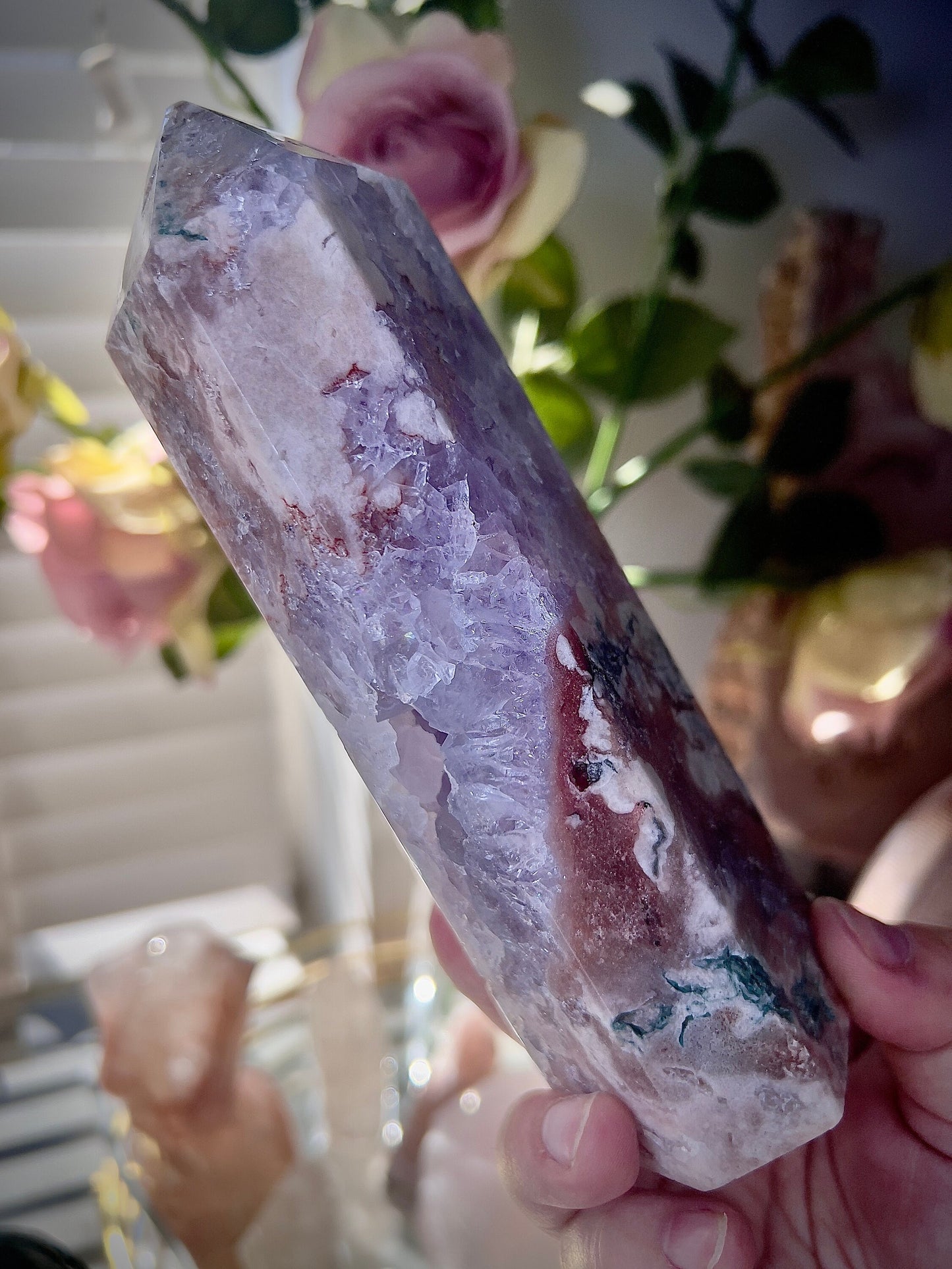 High grade, pink amethyst tower with purple quartz