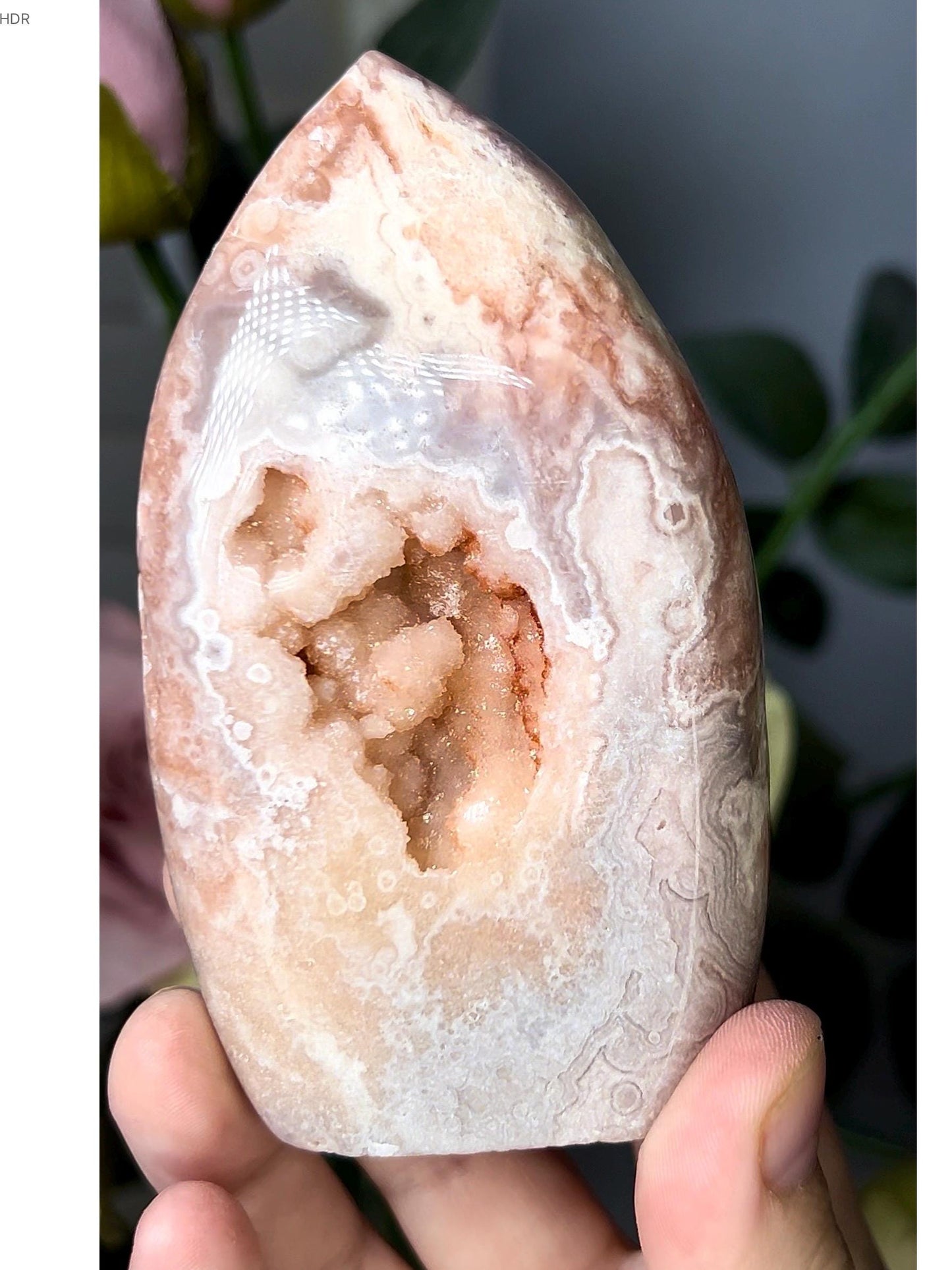 High grade, pink amethyst flame in pastel tones and sugar druzy