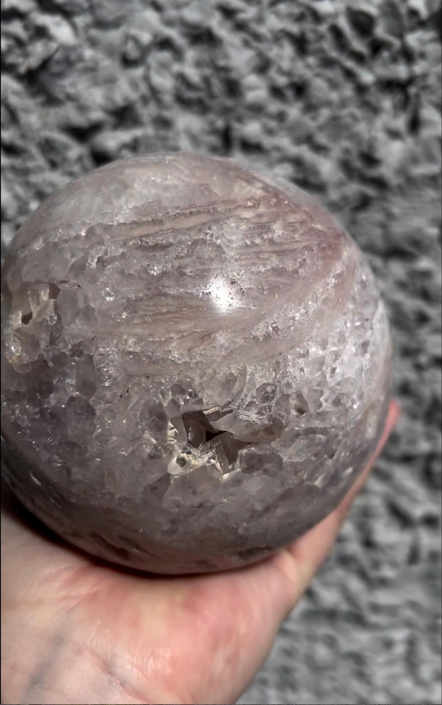 large, statement pink amethyst sphere with rutile formations in lilac tones over 1kg