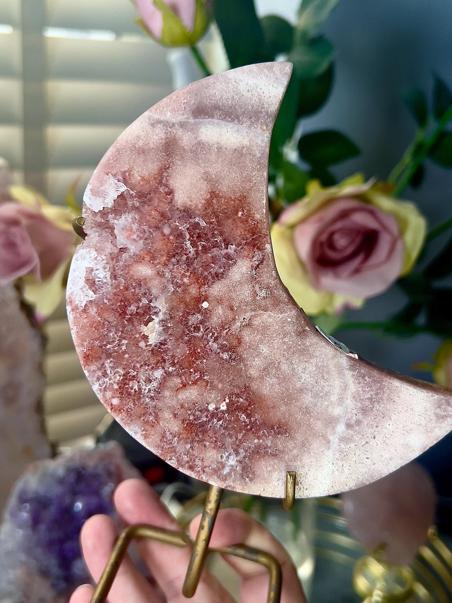 High grade, pink amethyst moon with red hematite, quartz druzy - stand is slightly scratched (see photos)