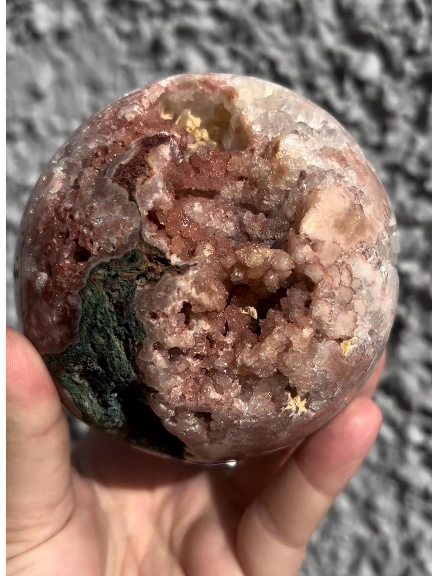 high grade, large, statement, pink amethyst sphere, with incredible quartz & red sugar druzy 1.230kg
