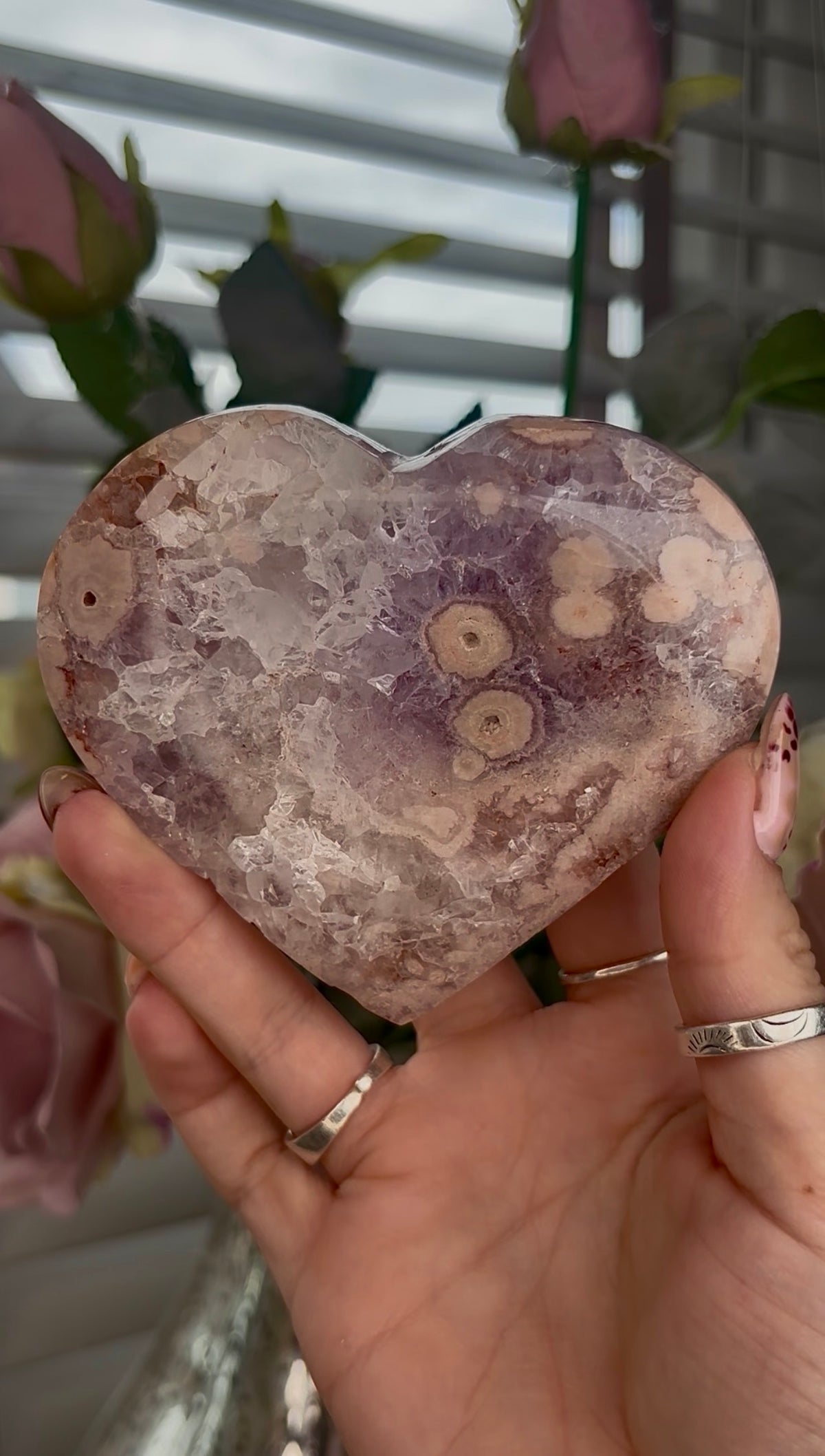 High grade, Amethyst Flower agate heart with stand