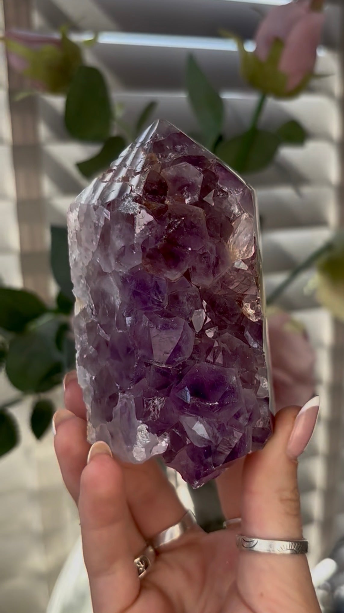 Beautiful, chunky Pink amethyst tower with purple quartz 9.5cm(h) by 6cm(w)