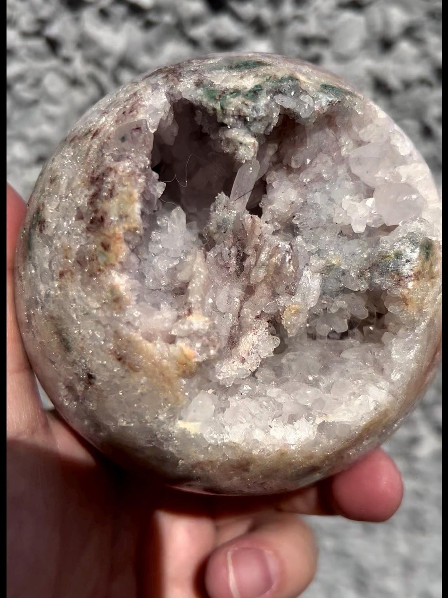 large, statement pink amethyst sphere with purple quartz ,jasper & sugar druzy with amazing quartz points