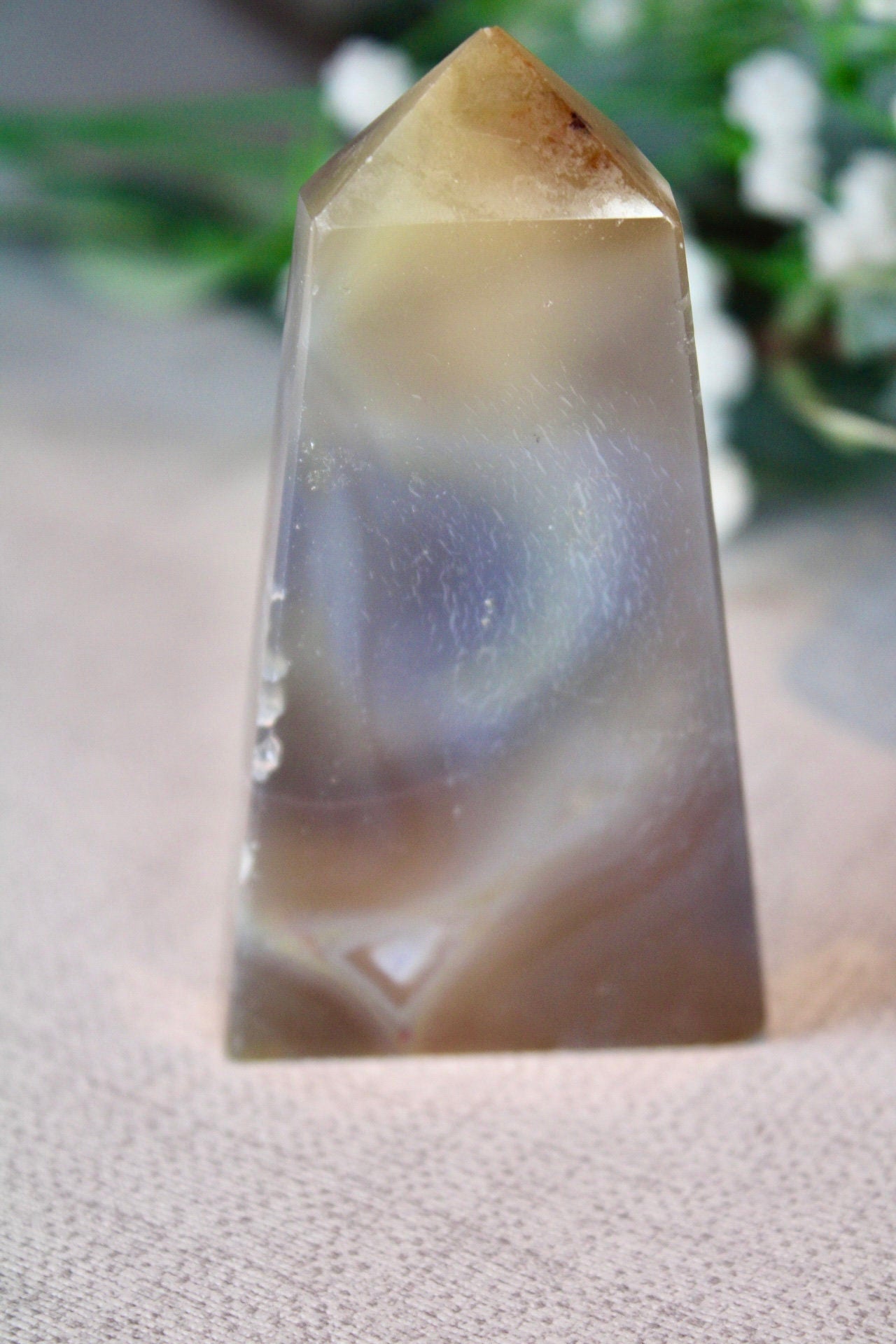 Natural agate tower slice with amethyst druzy