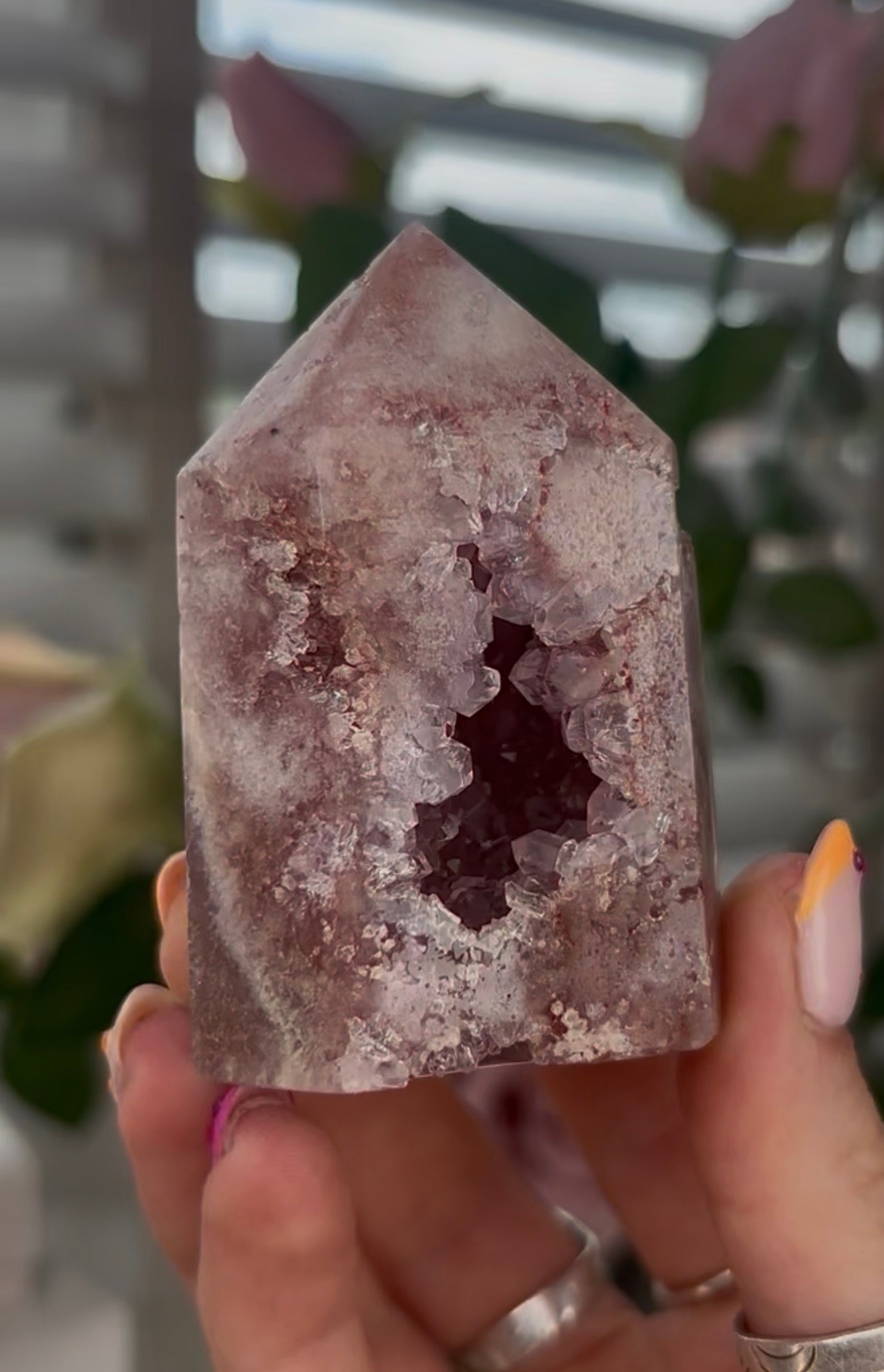 Beautiful, Pink amethyst tower with quartz druzy