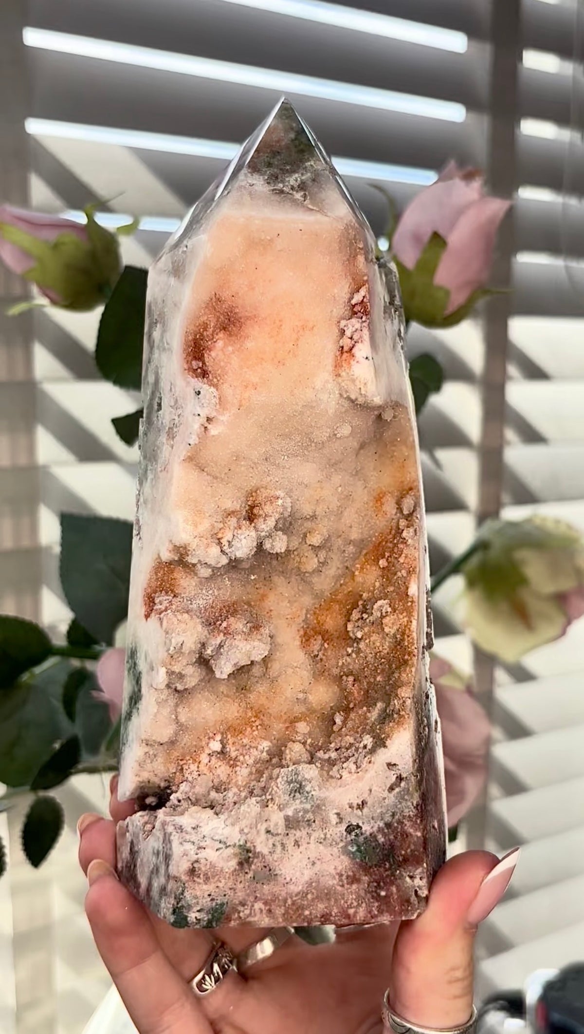 Beautiful, Pink amethyst tower with Jasper 19.5cm(h) by 7.5cm(w)