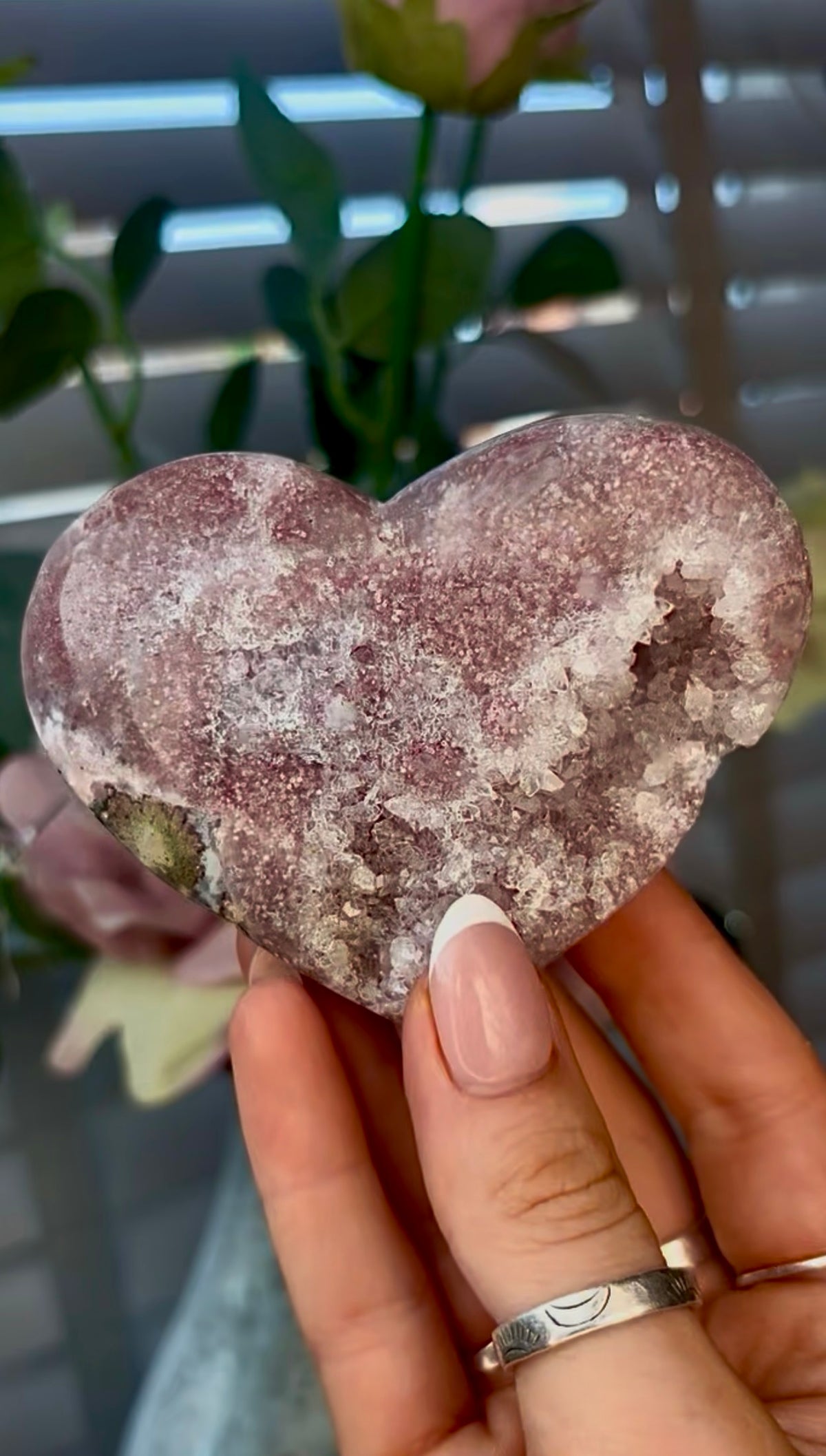 Gorgeous, pink amethyst heart - comes with stand