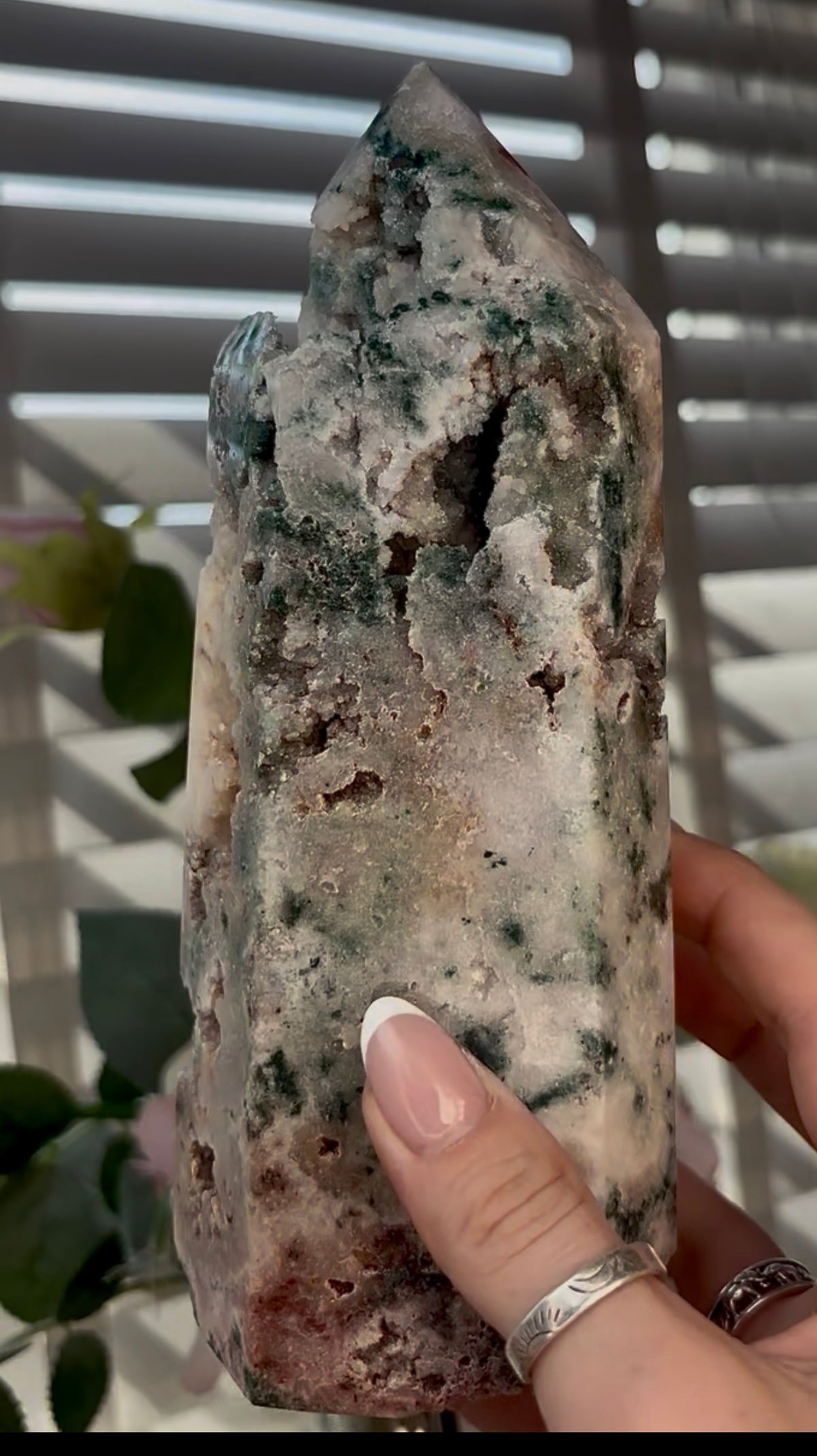 Beautiful, Pink amethyst tower with Jasper 19.5cm(h) by 7.5cm(w)