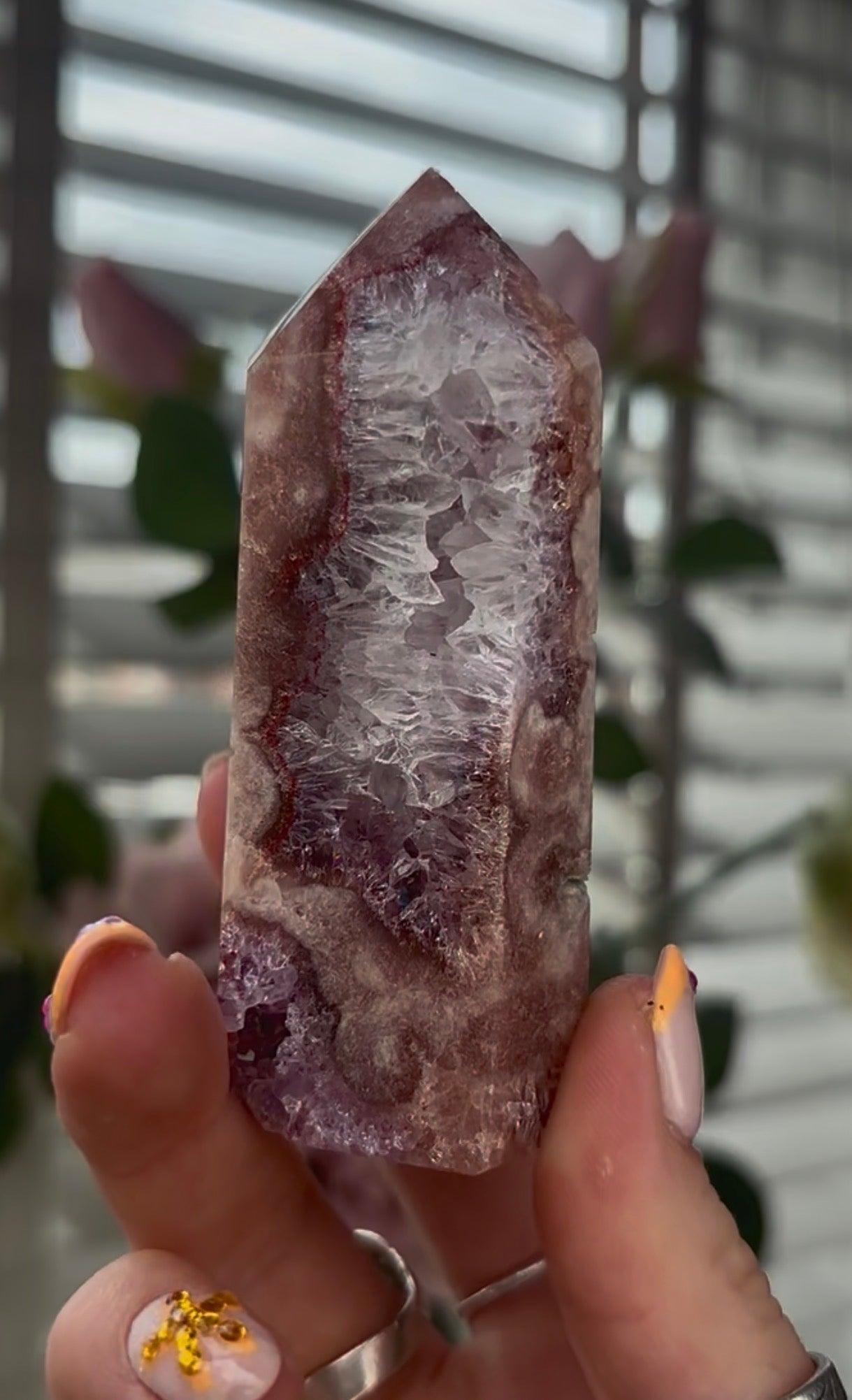 High quality, Pink amethyst tower, with quartz & Green jasper