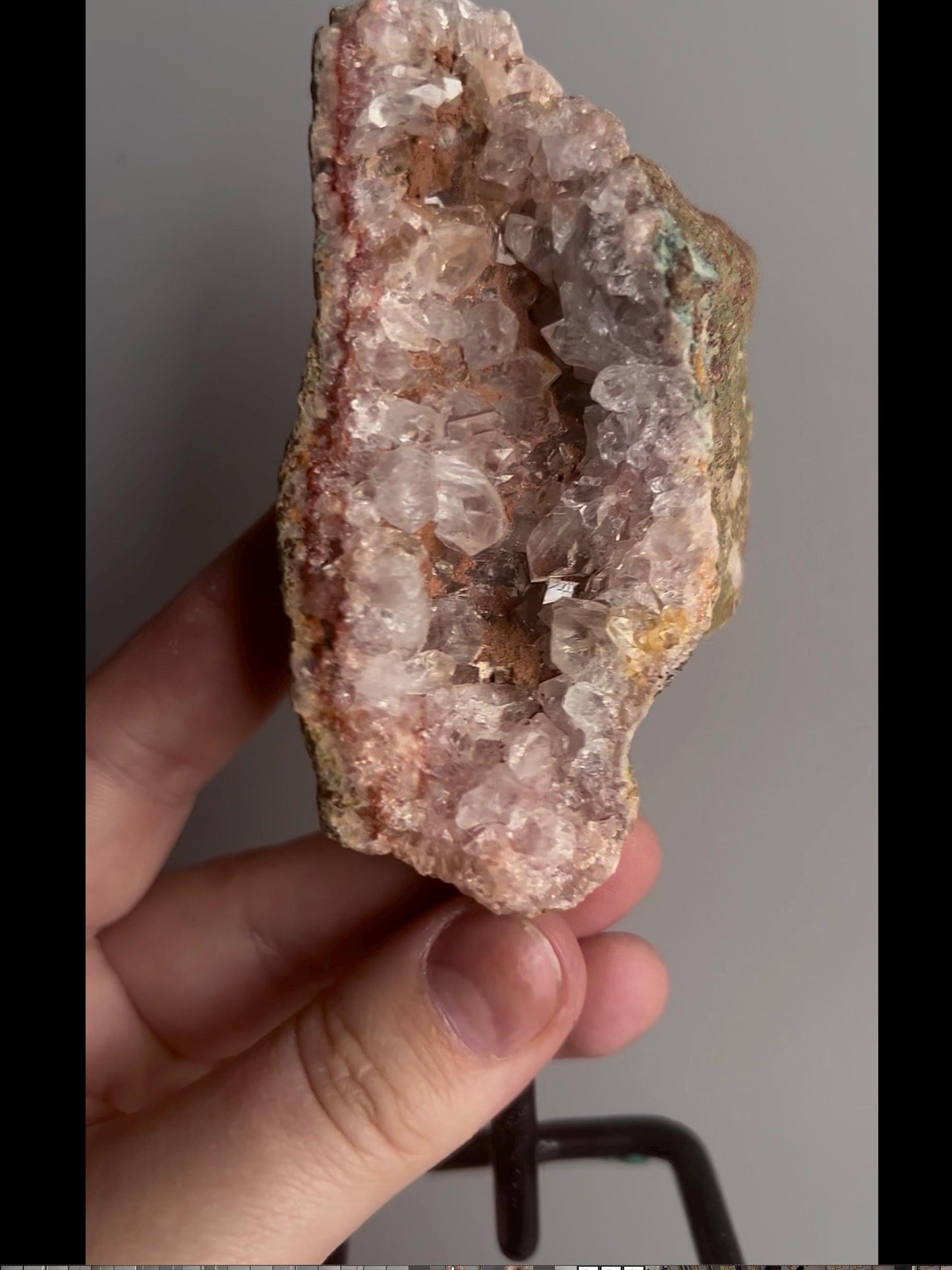 High grade, pink amethyst geode on stand quartz teeth