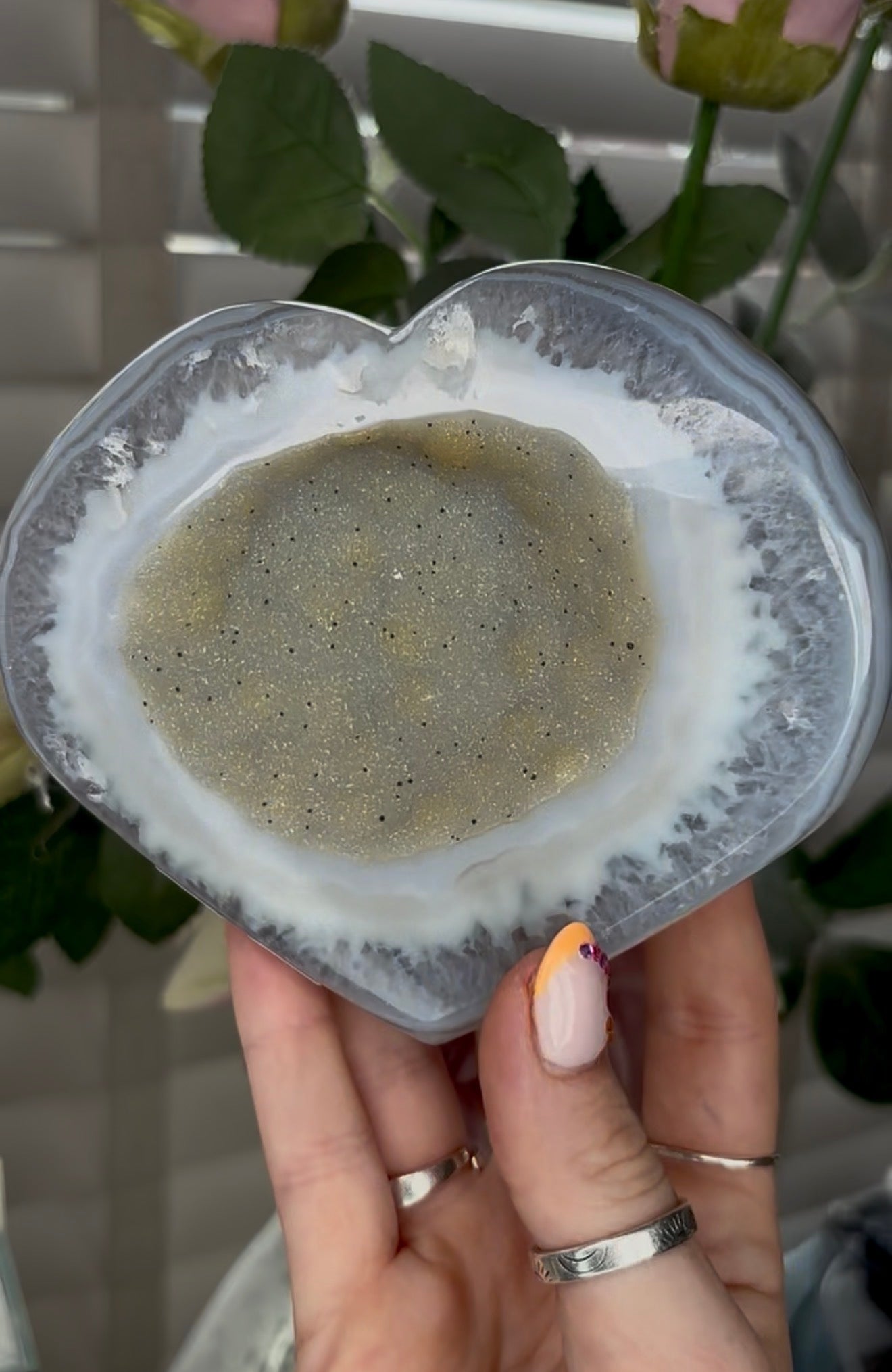 Beautiful, high grade, agate heart with druzy - comes with stand