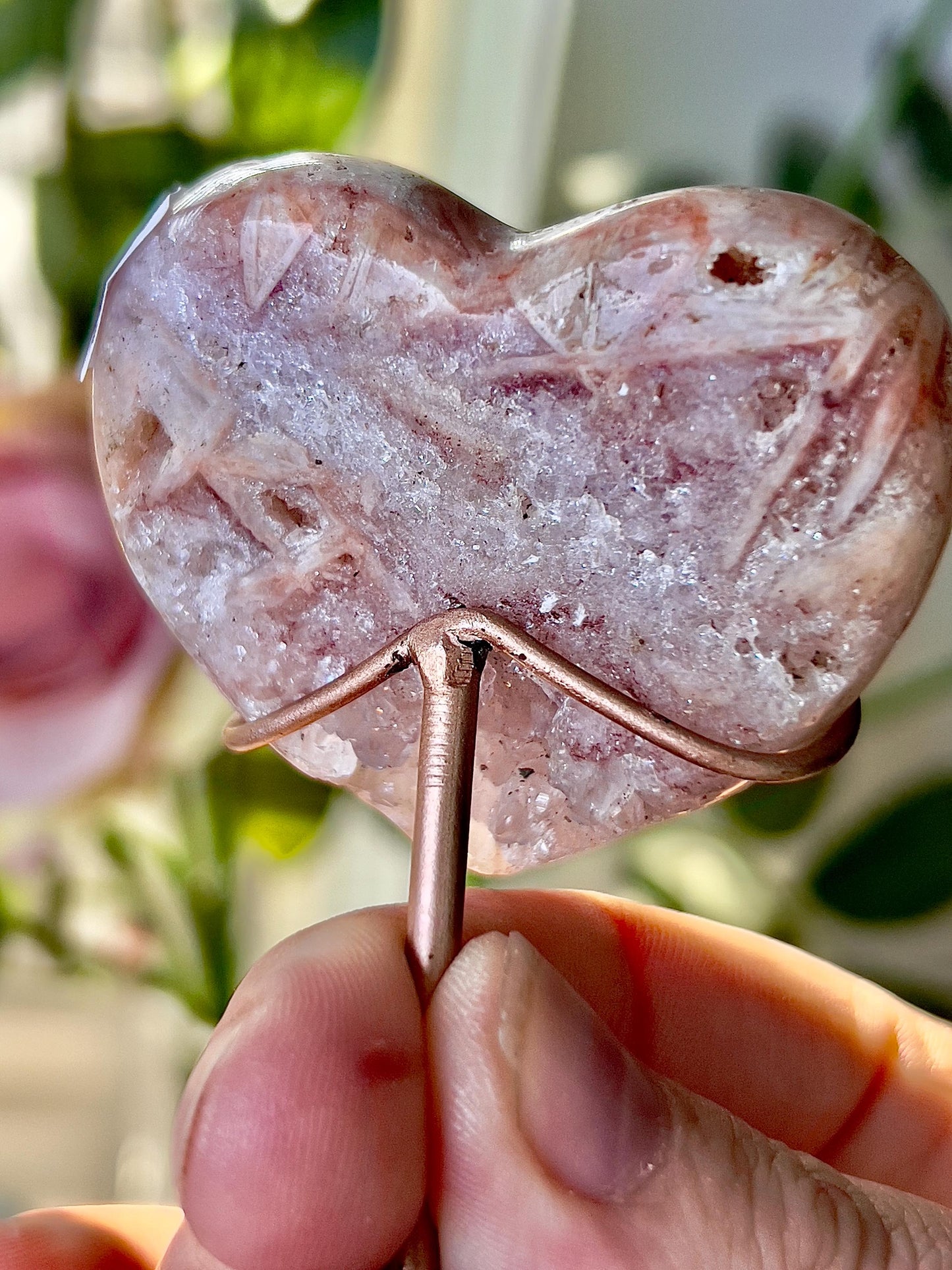 Mini, high grade, pink amethyst haert with rutile markings on custom stand