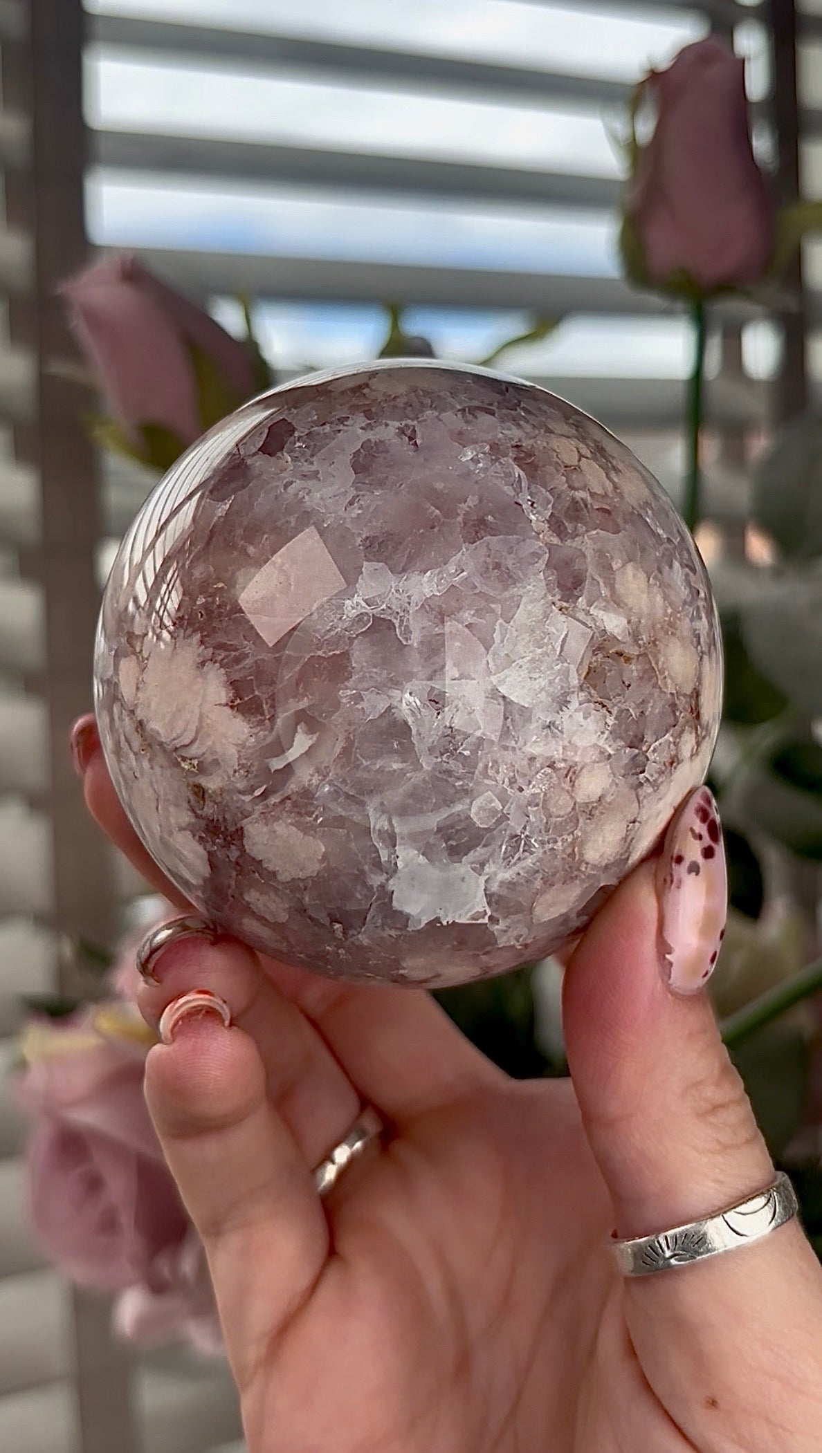 amethyst Flower agate sphere with high clarity quartz - 7.5cm