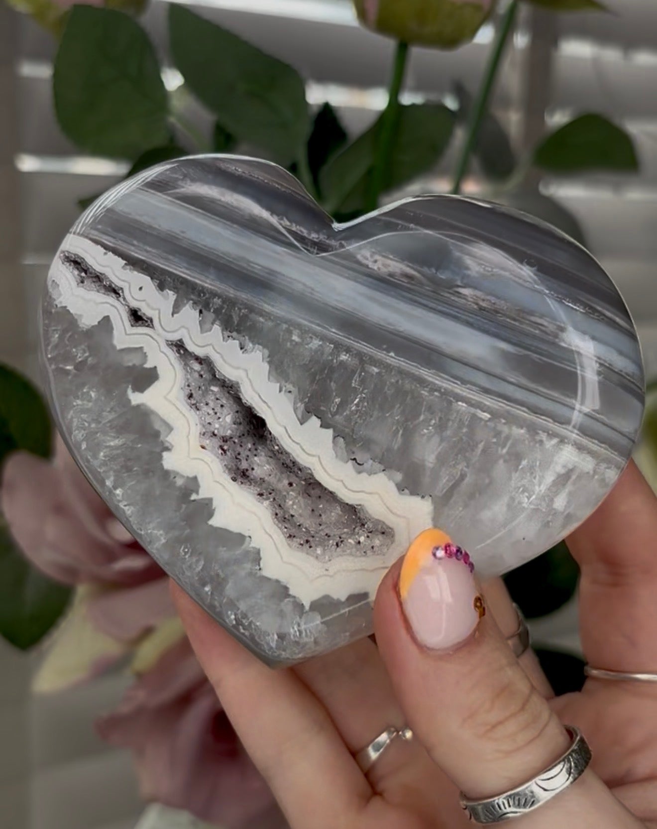 Beautiful, high grade, blue banded agate heart with druzy - stand included