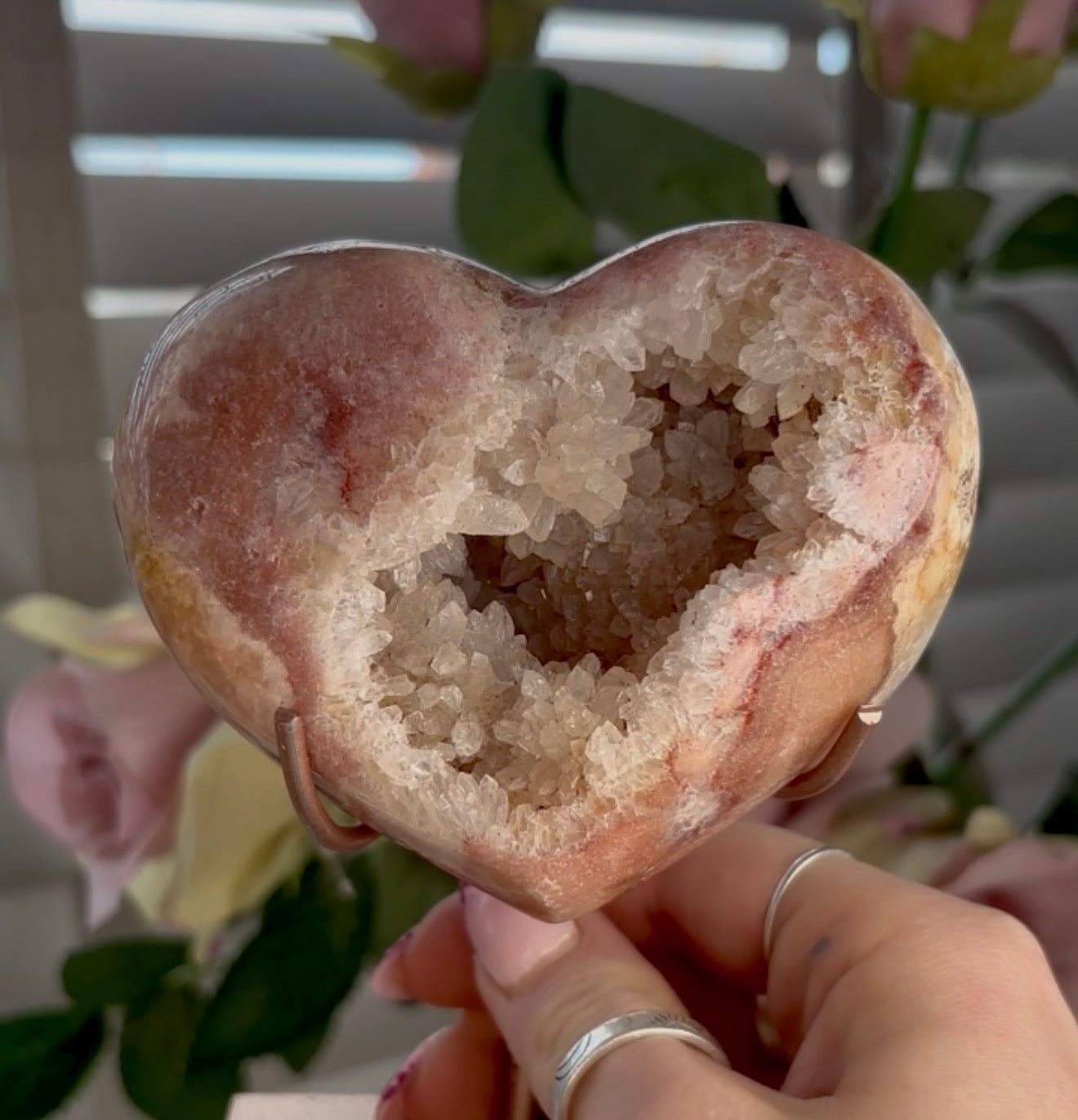 pink amethyst heart - comes with stand