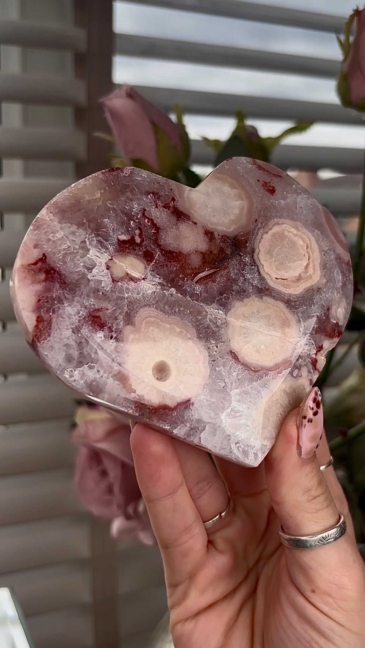 High grade, amethyst Flower agate heart with high clarity quartz