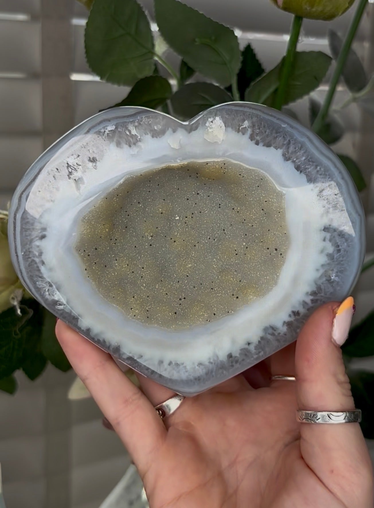 Beautiful, high grade, agate heart with druzy - comes with stand